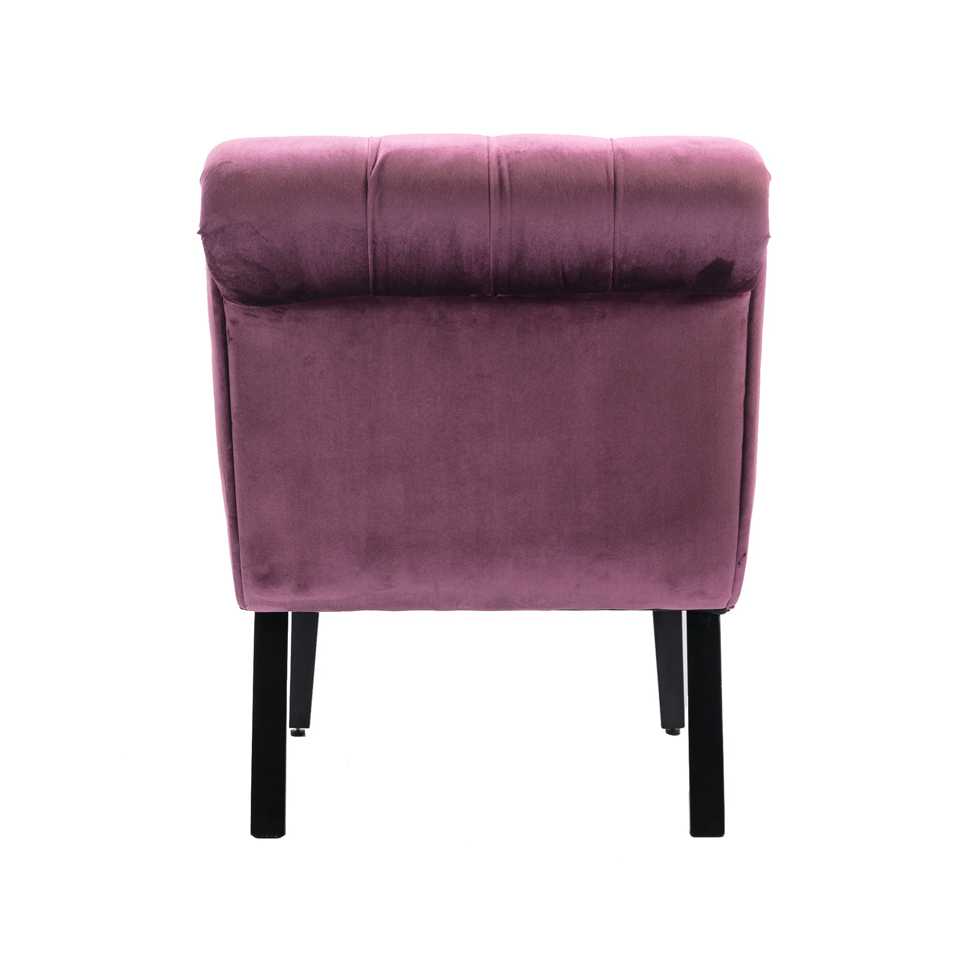 Plush purple velvet accent chair with tufted back and black tapered legs
