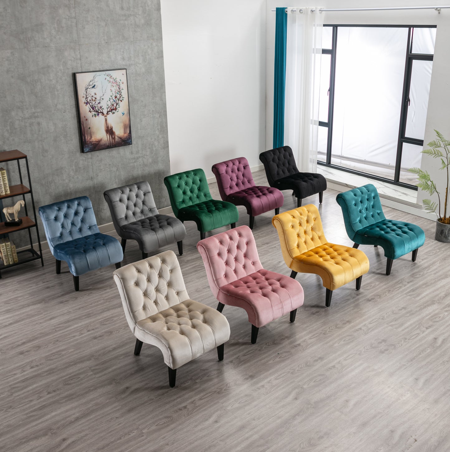 Velvet slipper chair in light beige with tufted diamond pattern upholstery and black legs