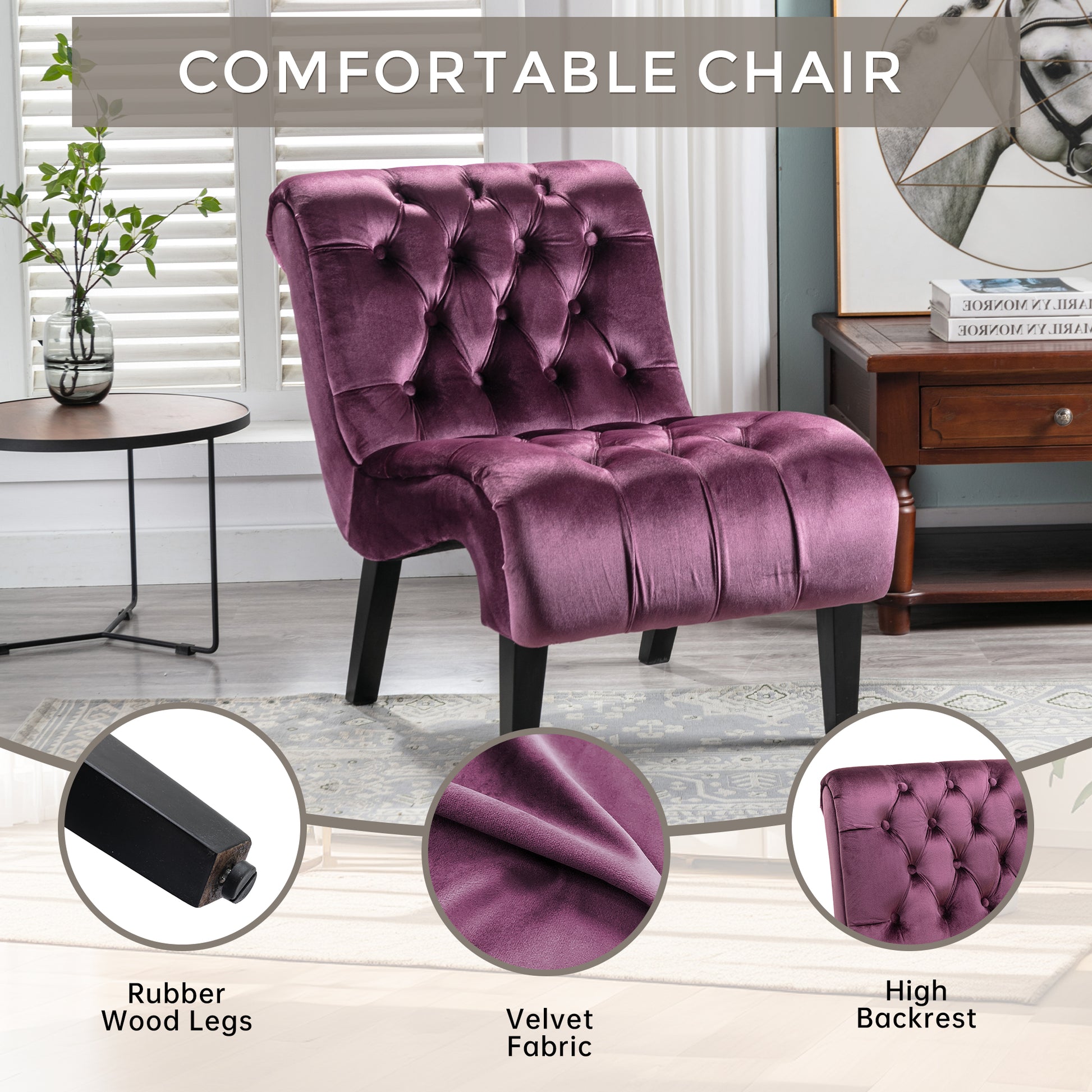 Plush purple velvet accent chair with tufted back and button details