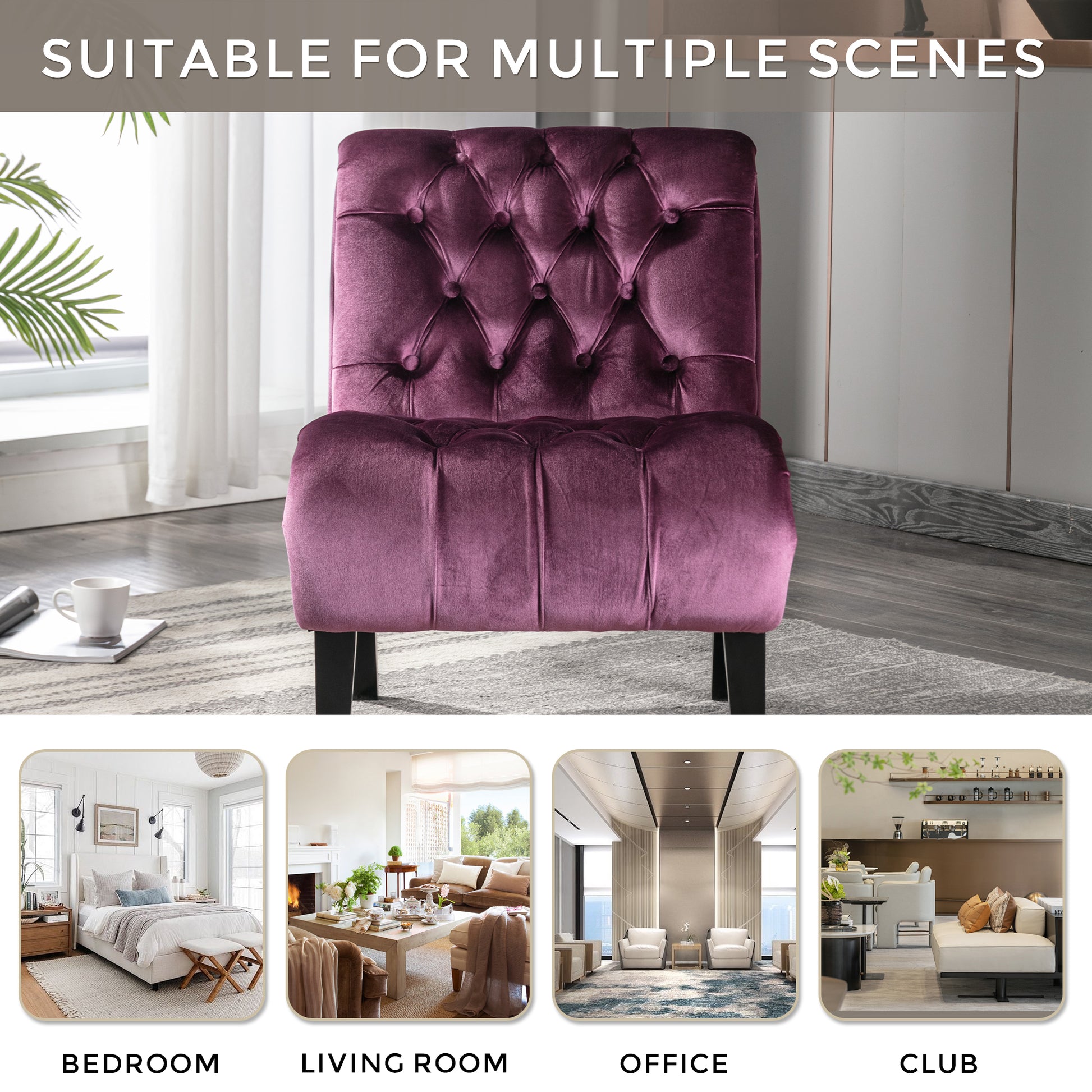 Deep purple velvet accent chair with tufted back and seat