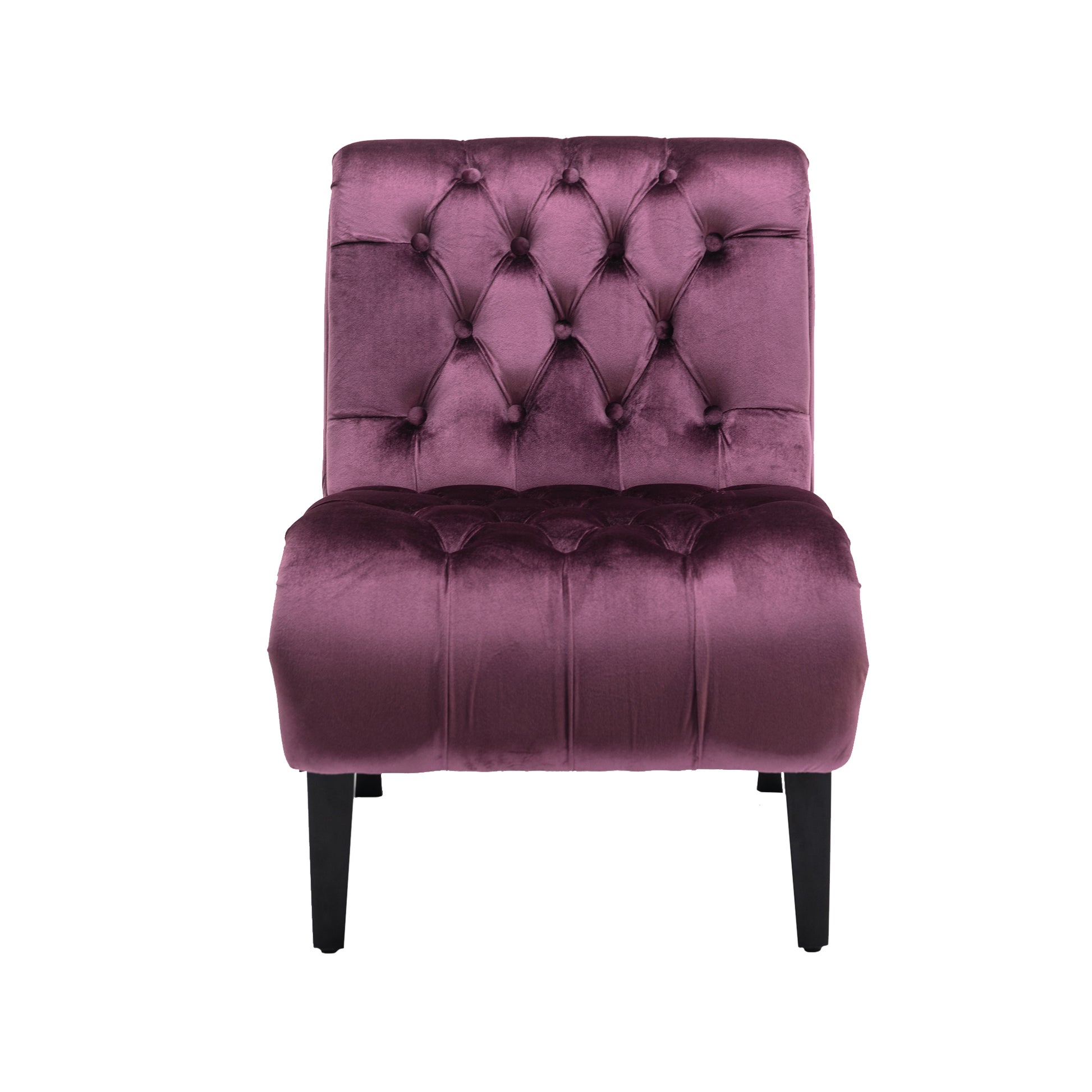 Plush plum velvet accent chair with diamond tufting and black tapered legs