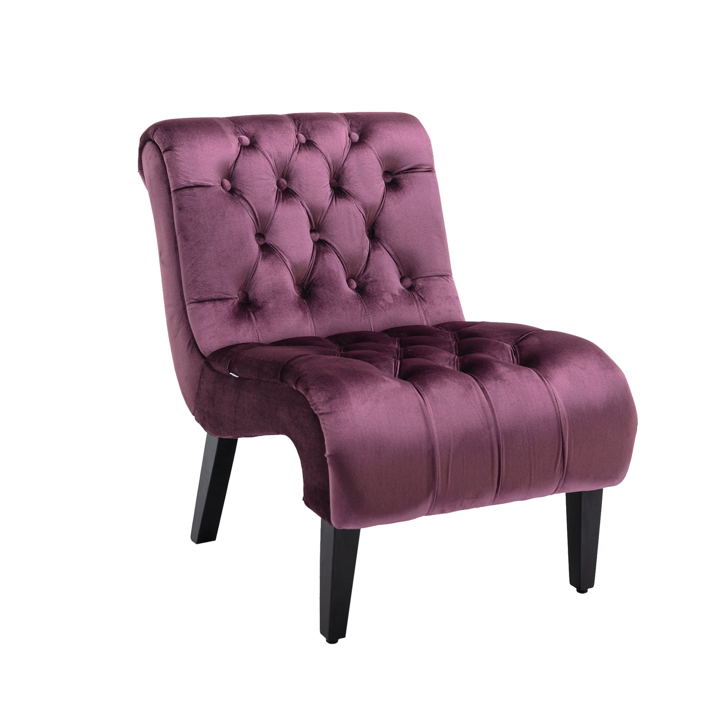 Plush purple velvet accent chair with tufted back and seat perfect for living rooms