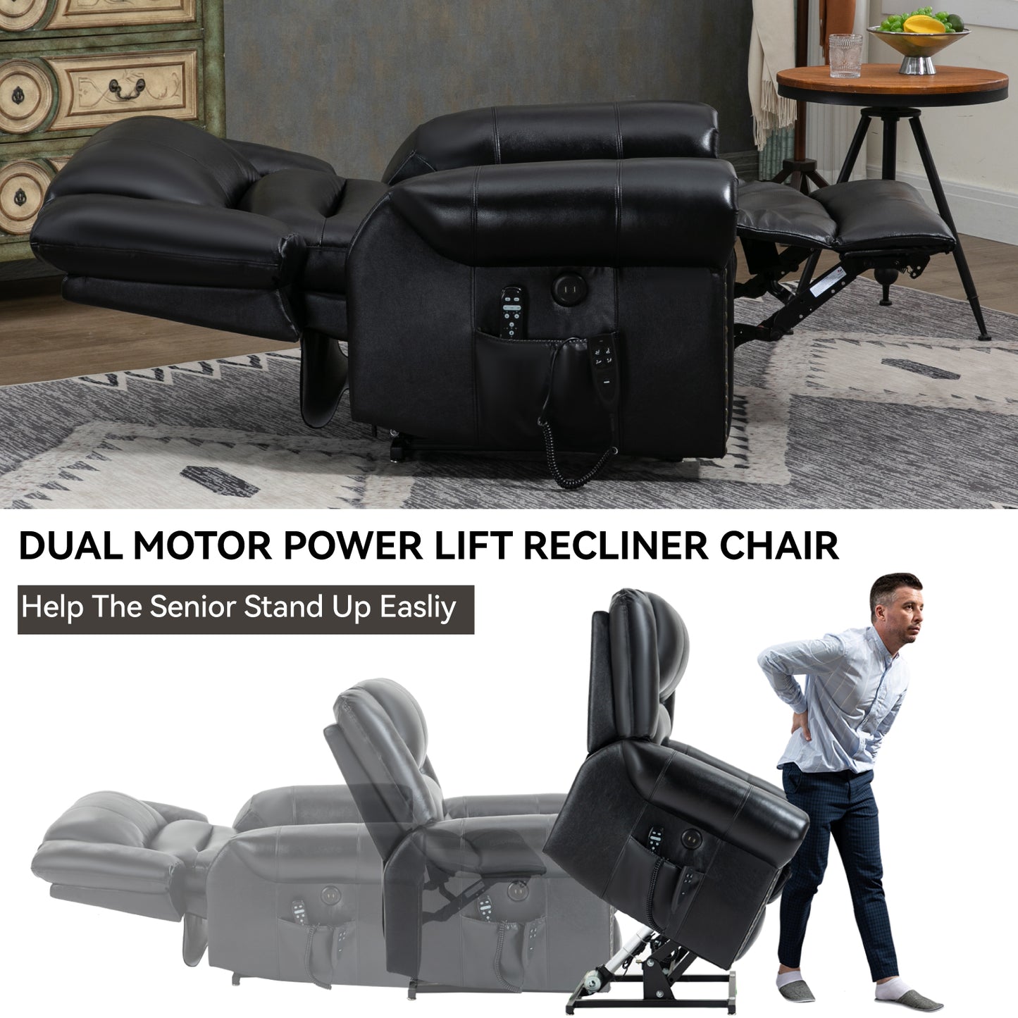 Black leather dual motor power lift recliner chair with extended footrest and remote control