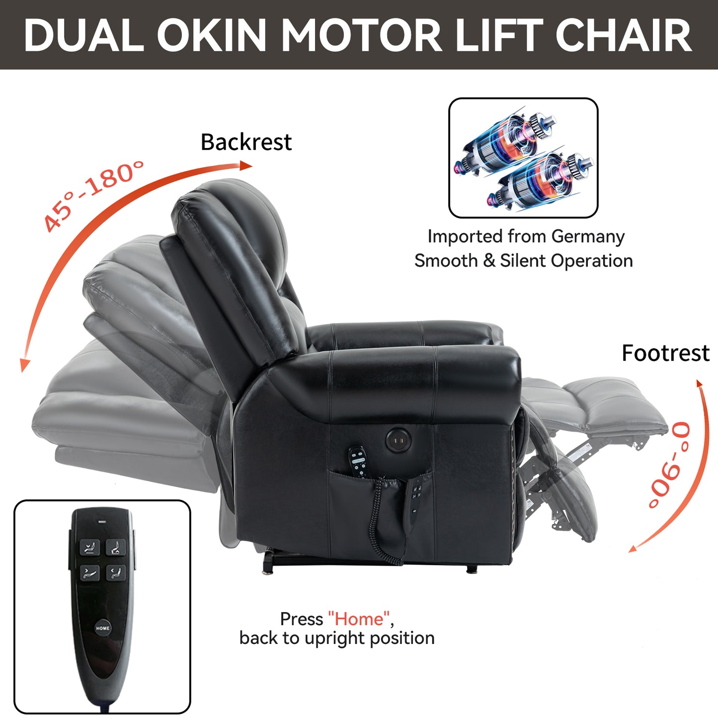 Black dual motor Okin lift chair with adjustable backrest and footrest recliner functionality