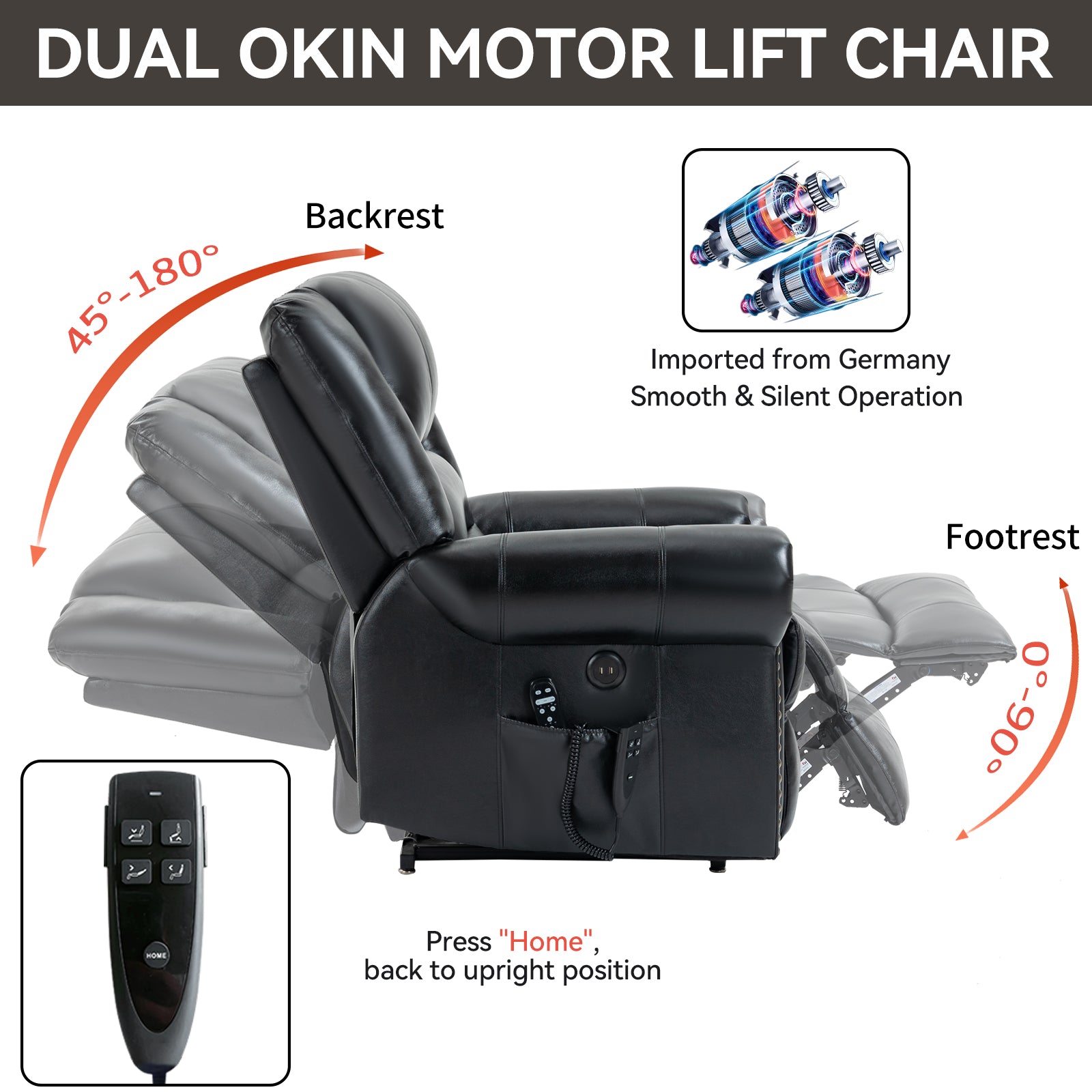 Black dual motor Okin lift chair with adjustable backrest and footrest recliner functionality