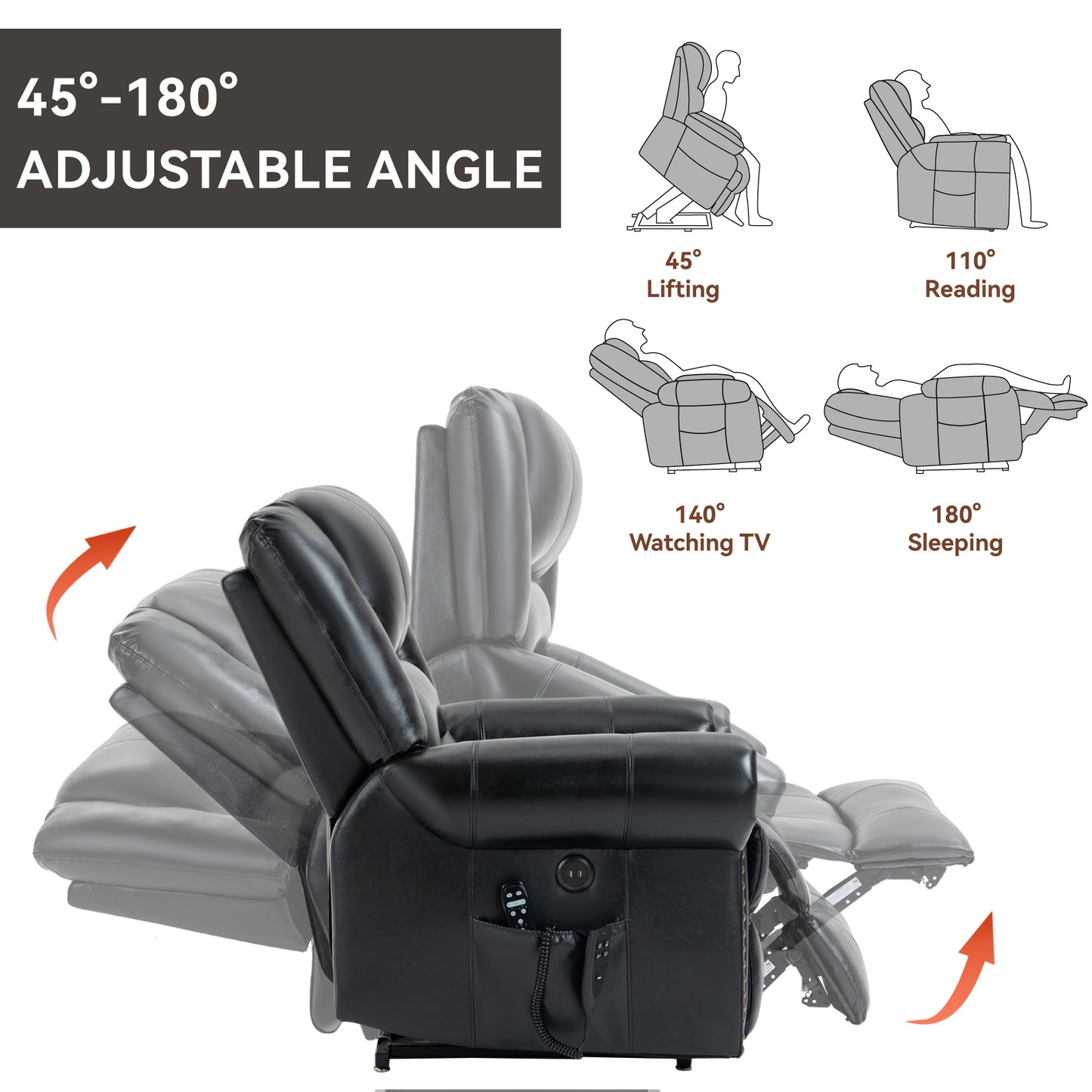 Black leather lift chair reclines to  for sleeping featuring adjustable angles