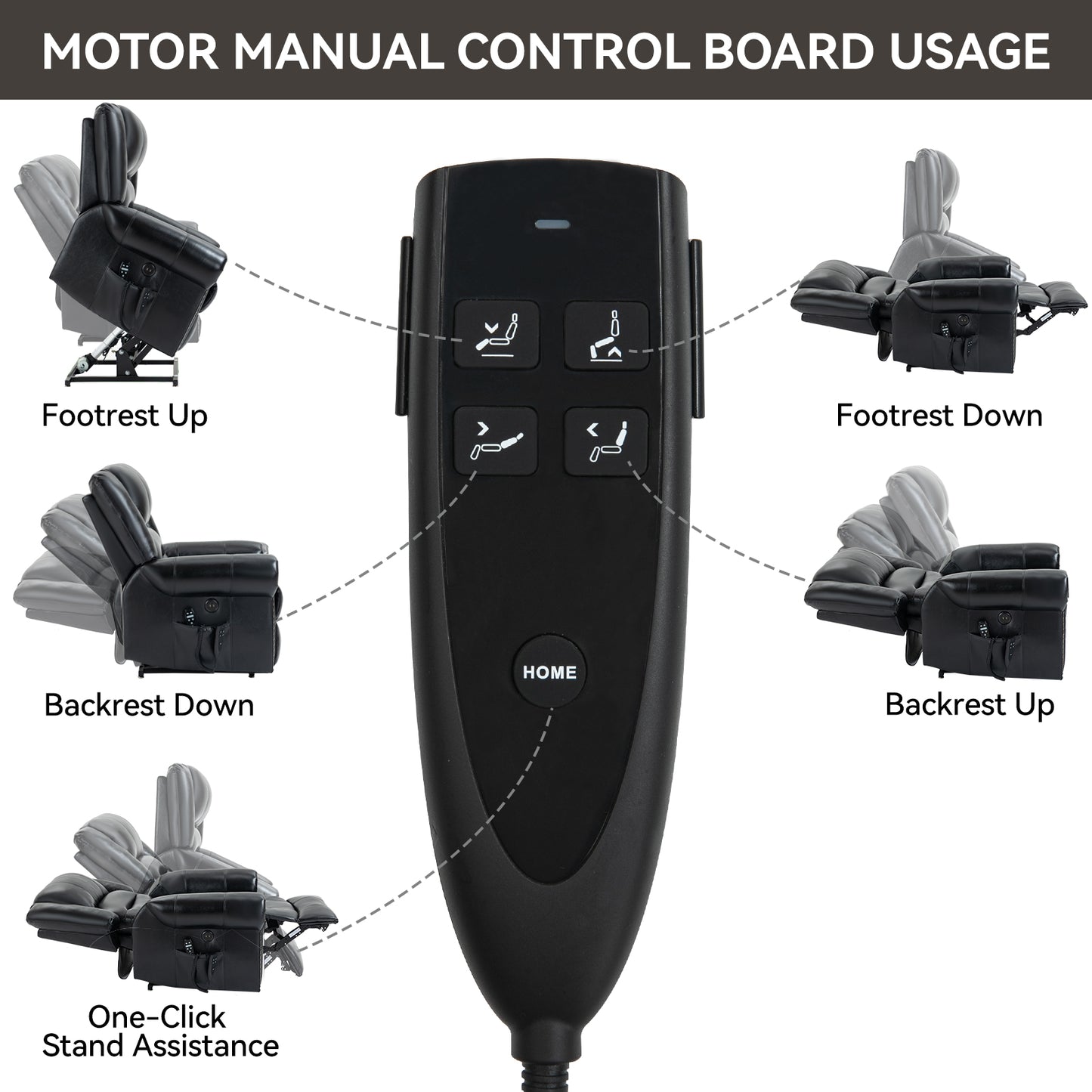 Black power lift chair remote with buttons for footrest up footrest down backrest up backrest down and stand assistance