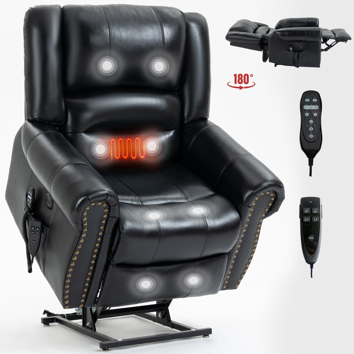 Black leather lift chair with massage and heat functions