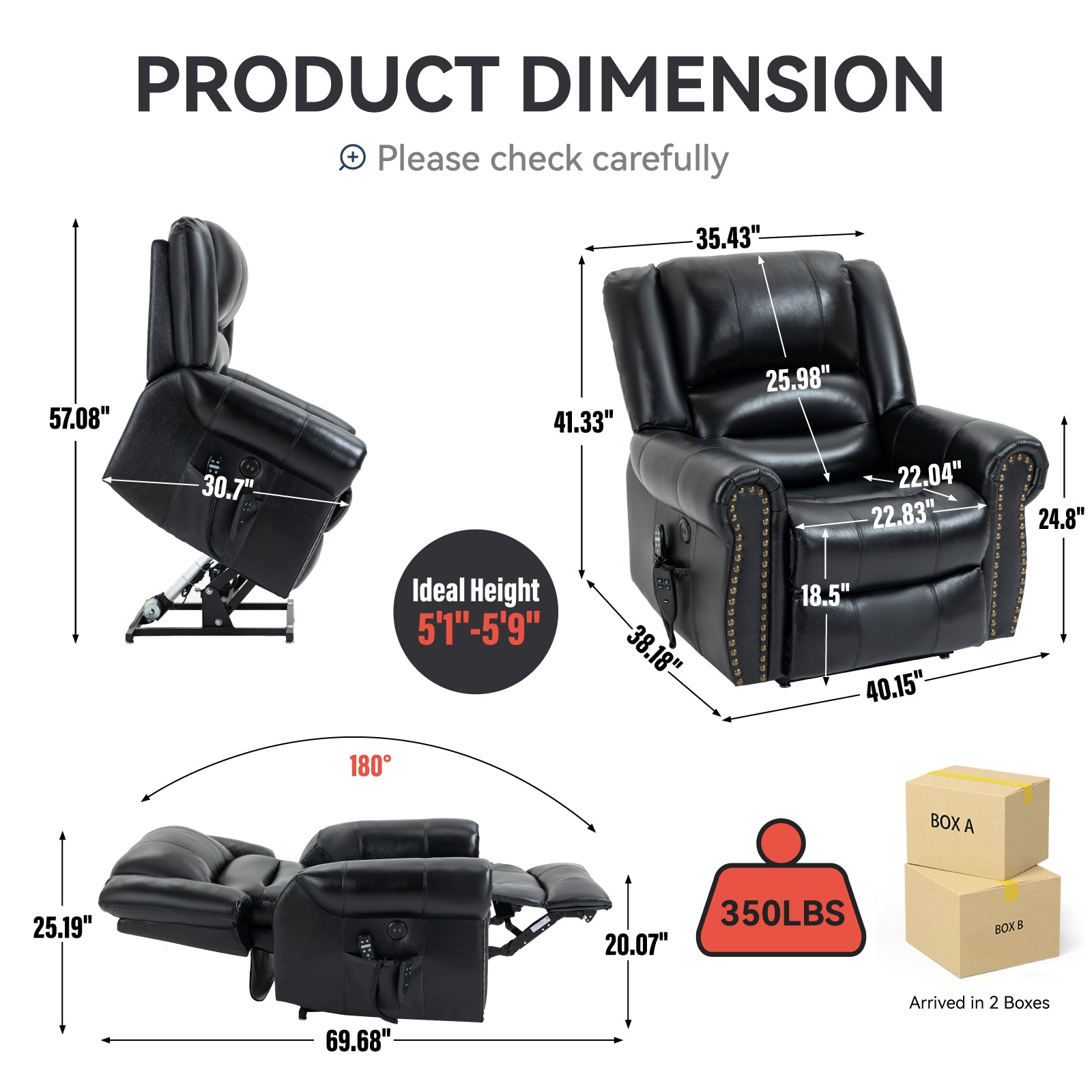 Black leather power lift recliner dimensions for living room comfort