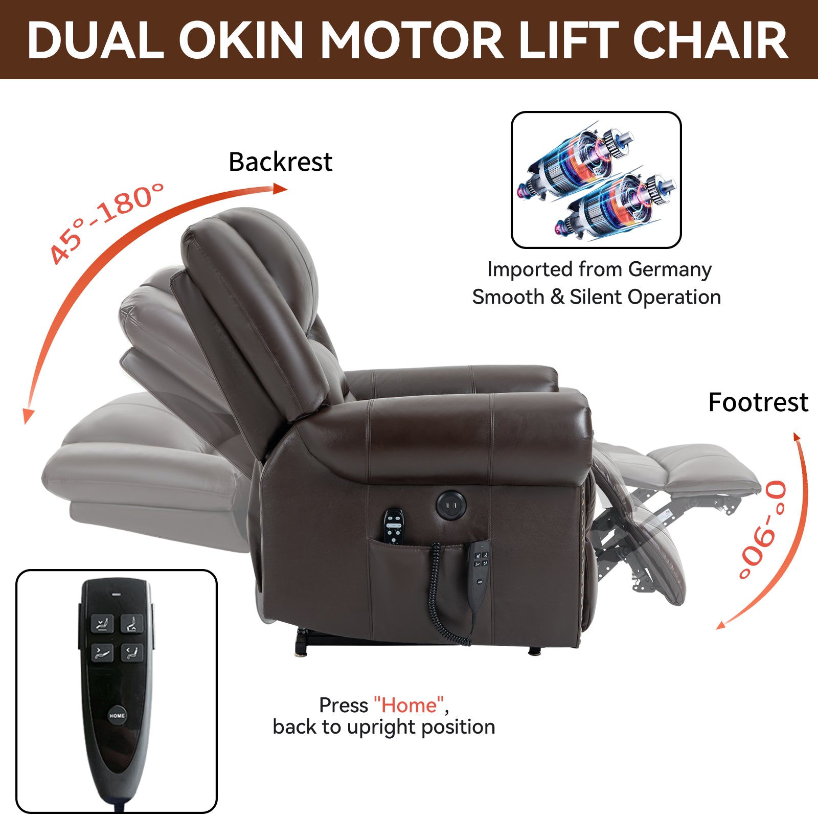Brown leather lift chair with dual OKIN motors showing adjustable backrest and footrest