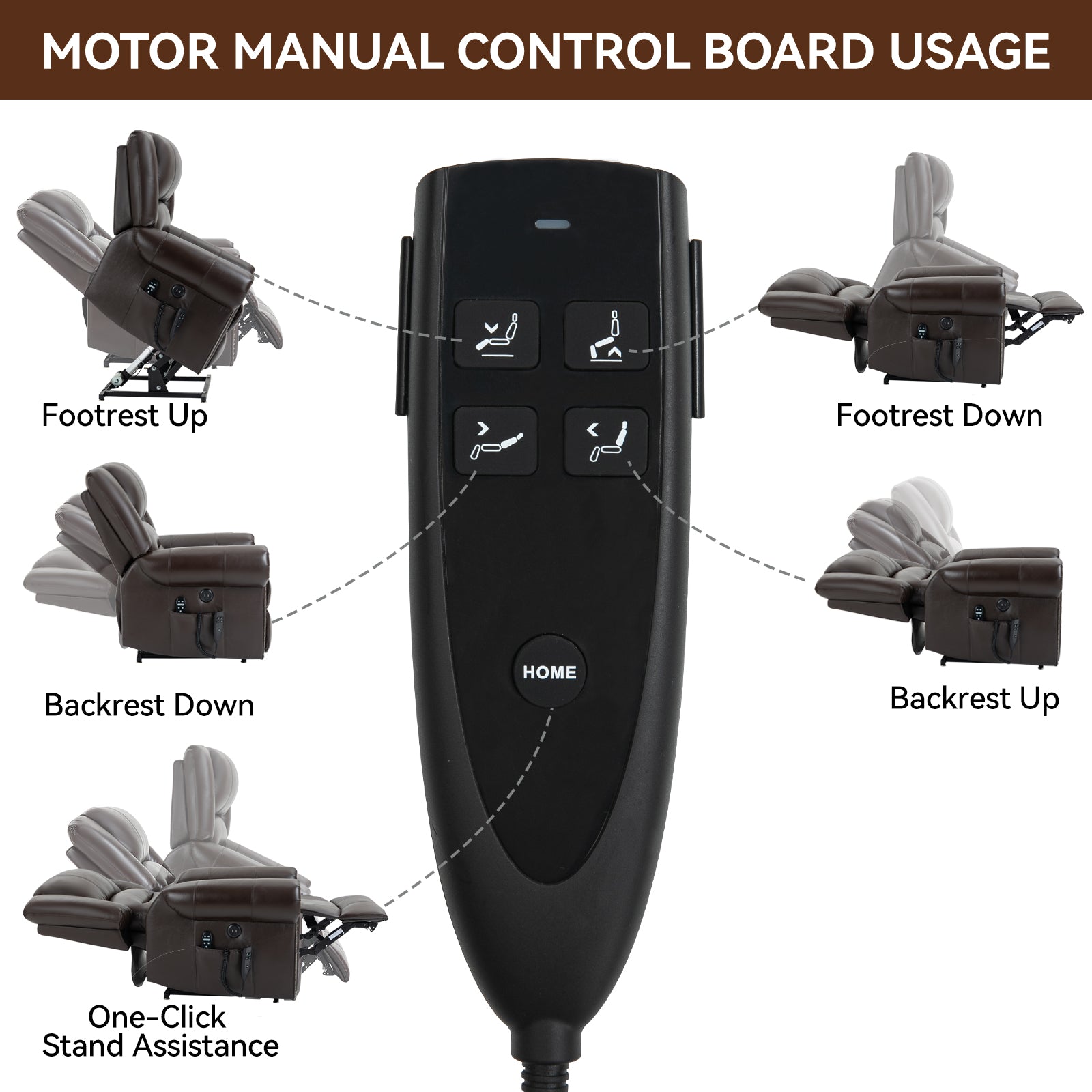 Brown leather recliner with footrest in the up position controlled by motor manual control board