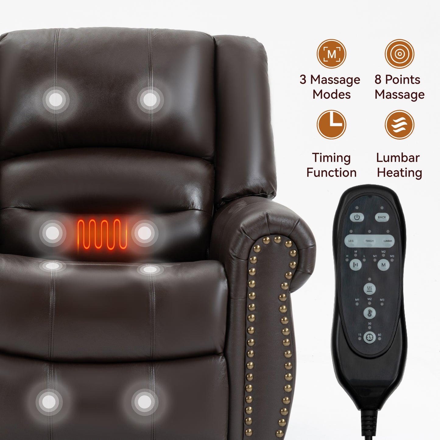 Brown leather recliner chair with integrated lumbar heating and massage points