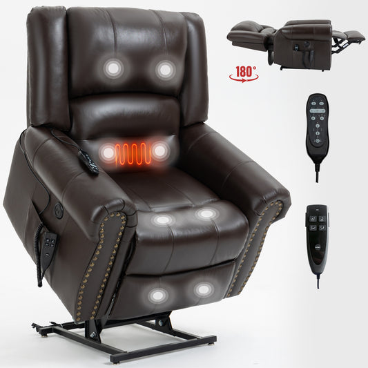 Brown leather power recliner chair with heat and massage functions