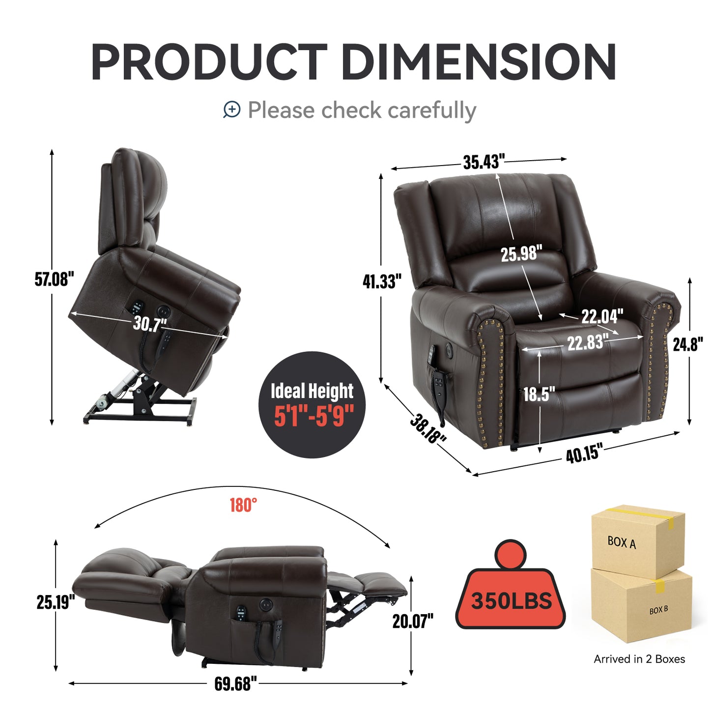Brown leather lift recliner with detailed dimensions and lift mechanism