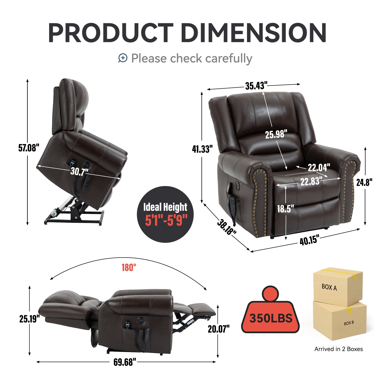 Brown leather lift recliner with detailed dimensions and lift mechanism