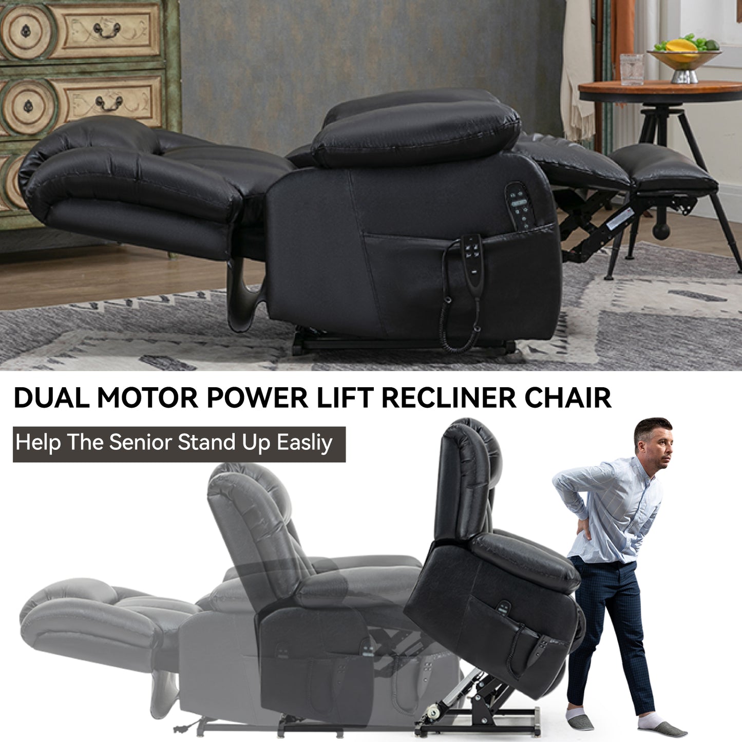 Black dual motor power lift recliner chair with plush cushioning and side pockets