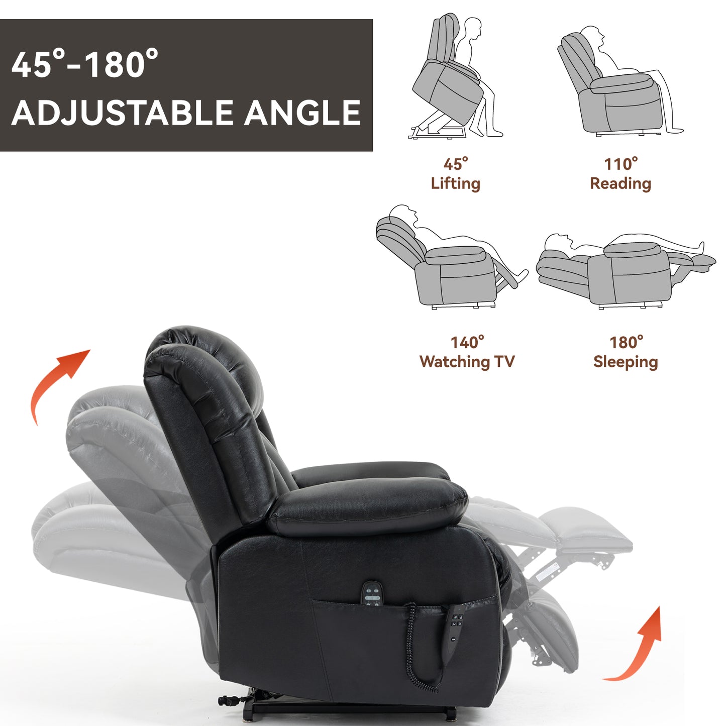 Black leather power lift recliner with adjustable backrest for personalized comfort