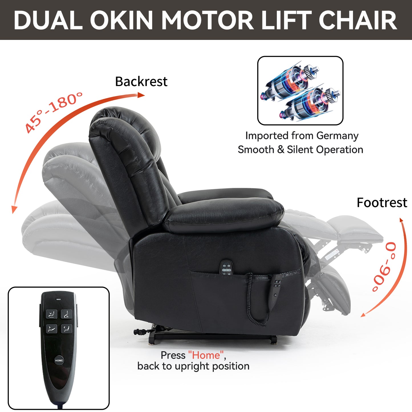 Black leather dual motor lift chair with adjustable backrest and footrest