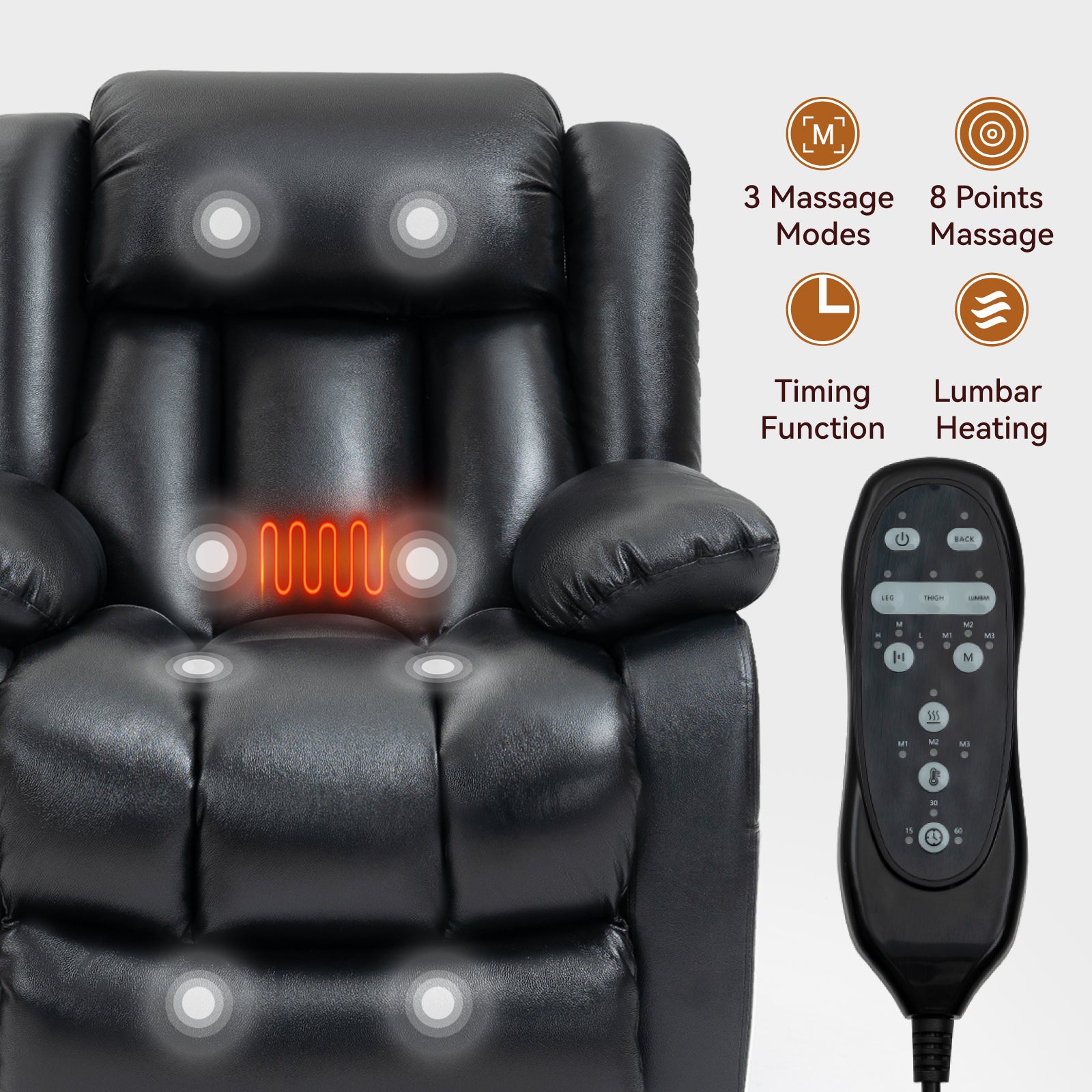 Black faux leather recliner with  massage points and lumbar heating for ultimate relaxation