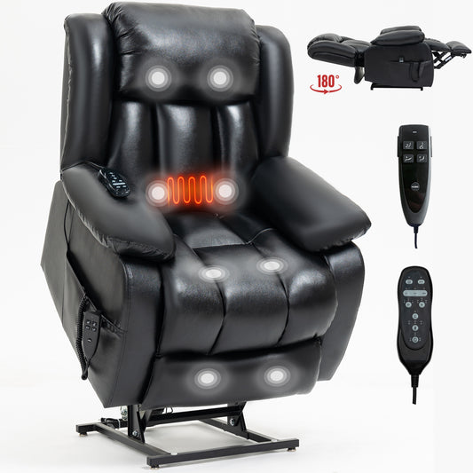 Black leather massage recliner chair with heating function and remote control
