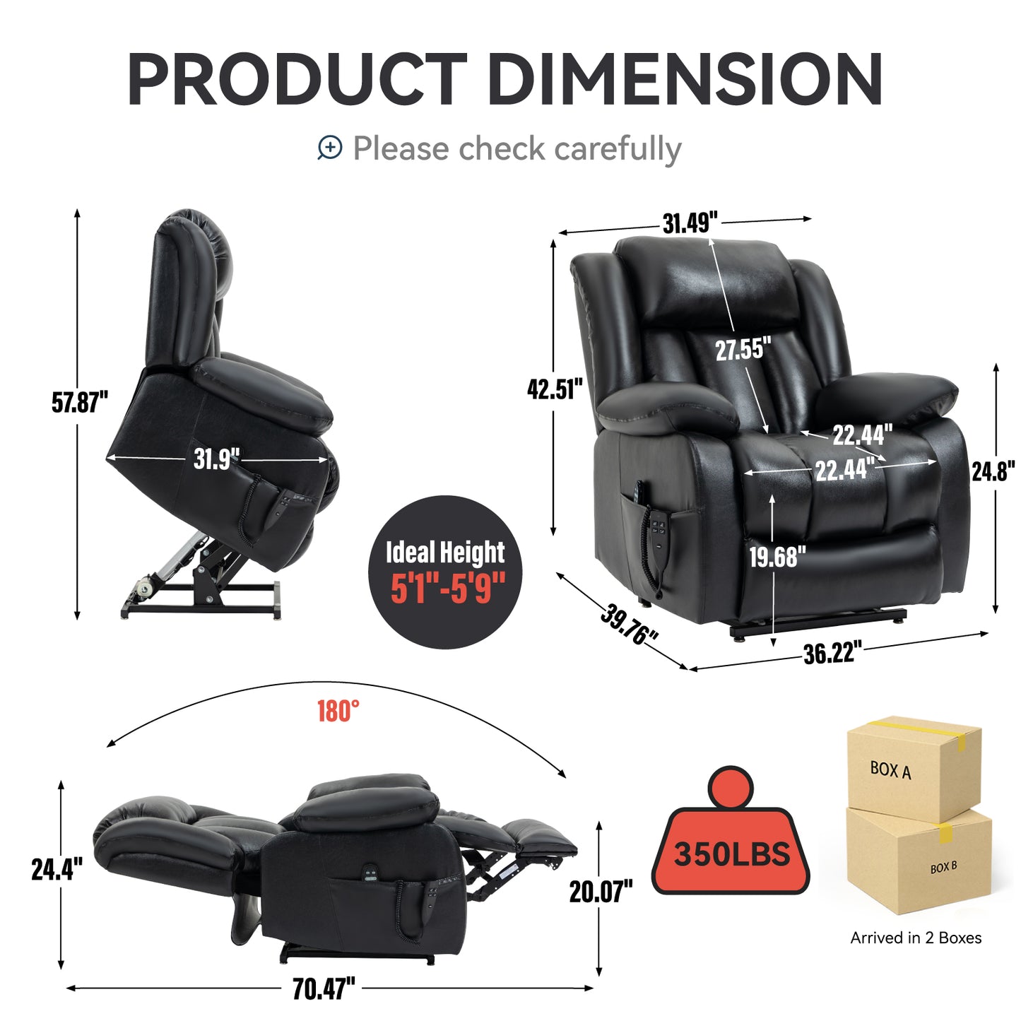 Black faux leather recliner chair with power lift dimensions shown