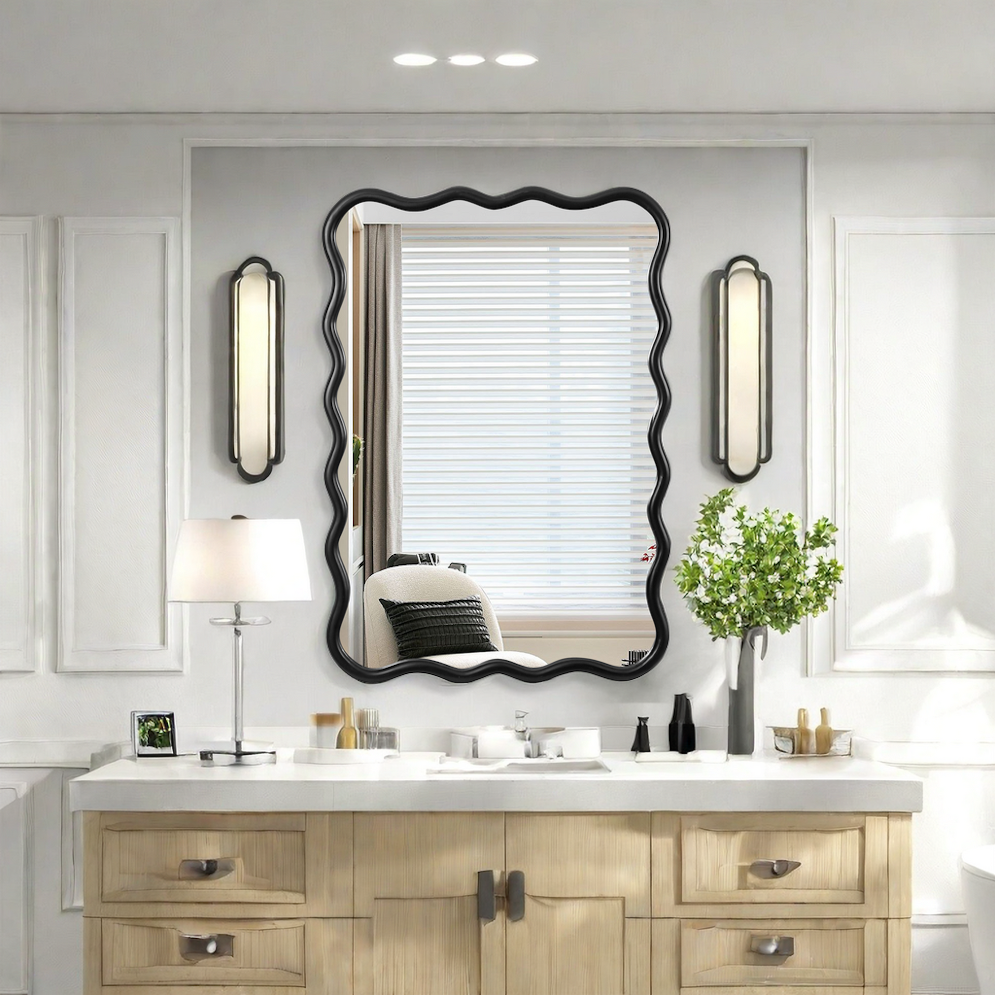 Wavy black framed bathroom mirror with clear glass for vanity decor