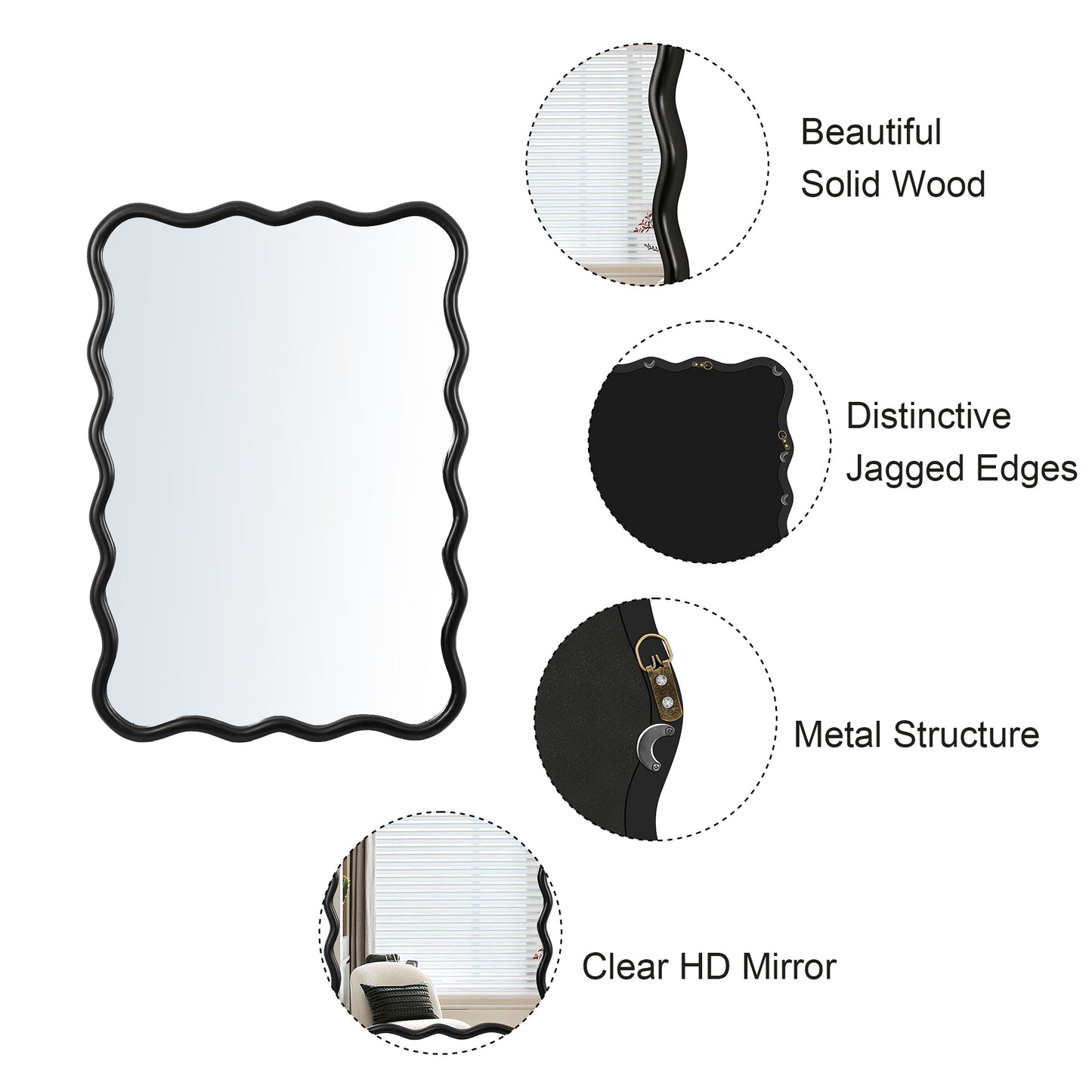 Black wavy frame mirror with solid wood construction and clear HD reflection