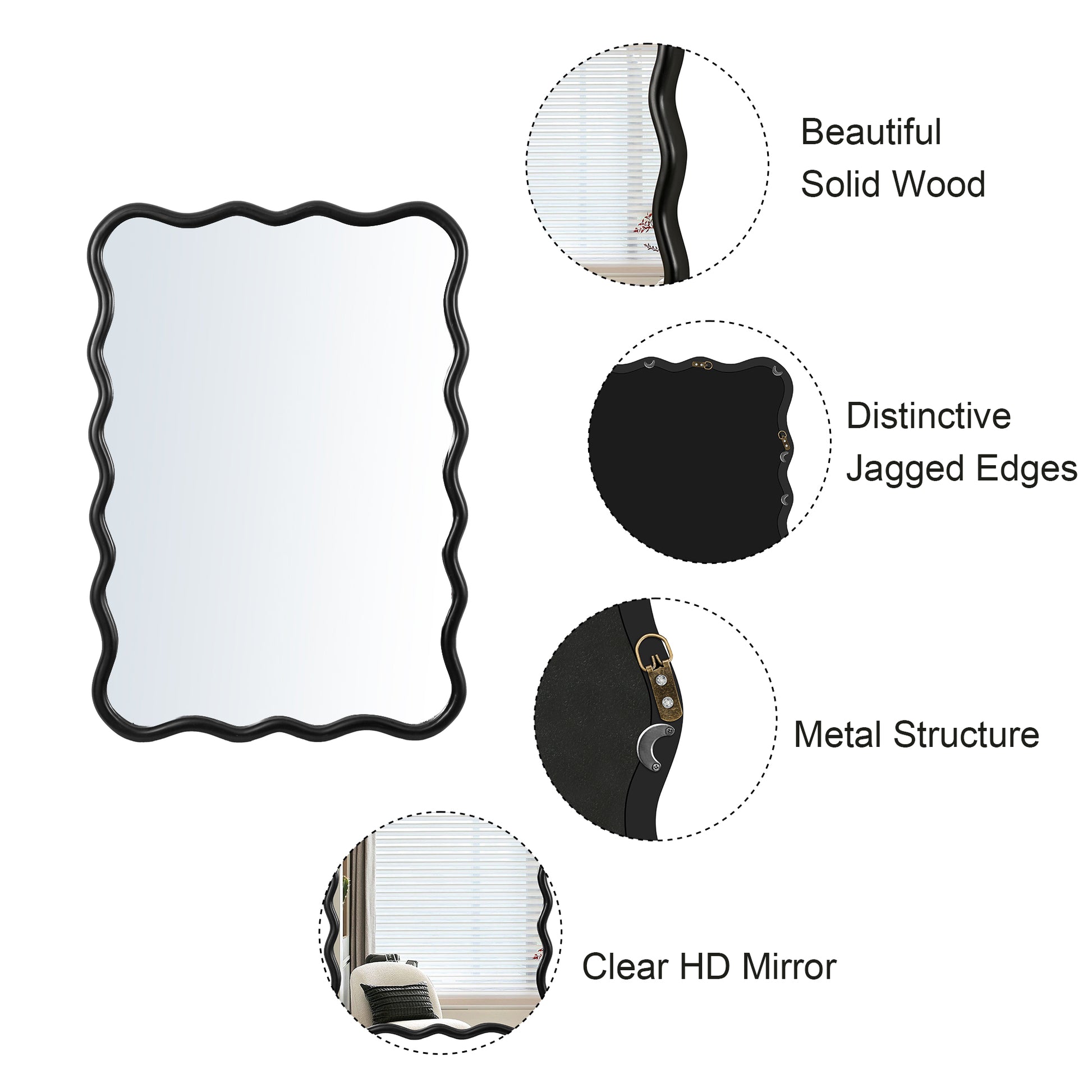 Black wavy frame mirror with solid wood construction and clear HD reflection