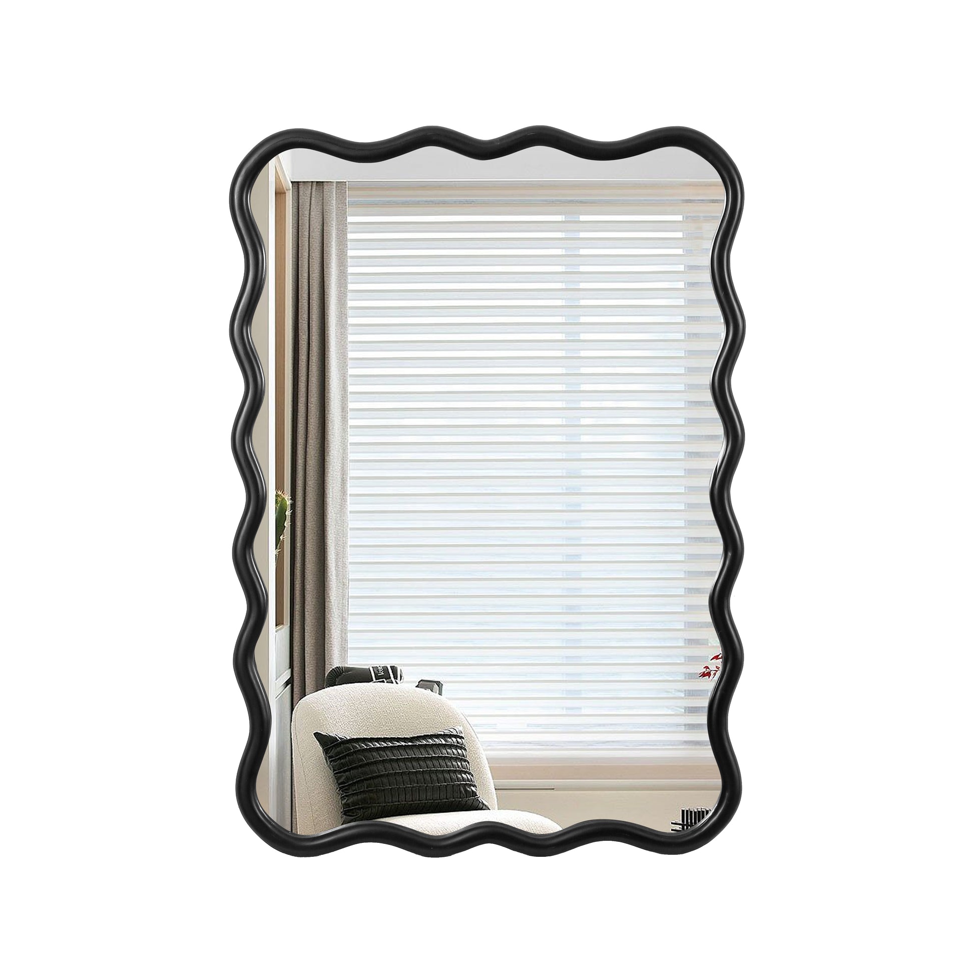 Black wavy framed mirror with reflective glass surface modern home decor