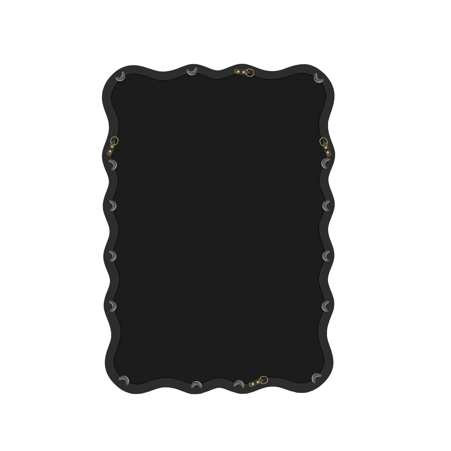 Back of a large black mirror with a decorative wavy edge and mounting hardware