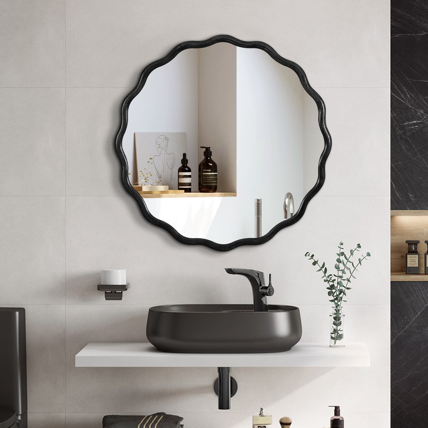 Black wavyedge wall mirror with modern minimalist design for bathroom