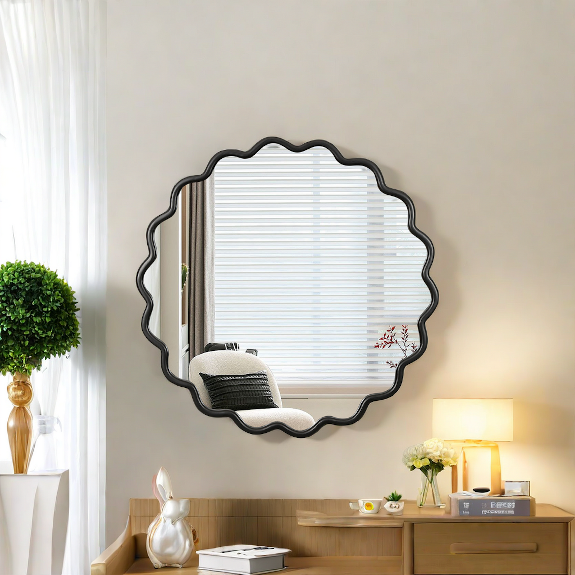 Black scalloped wall mirror decorative round mirror for entryway or bedroom