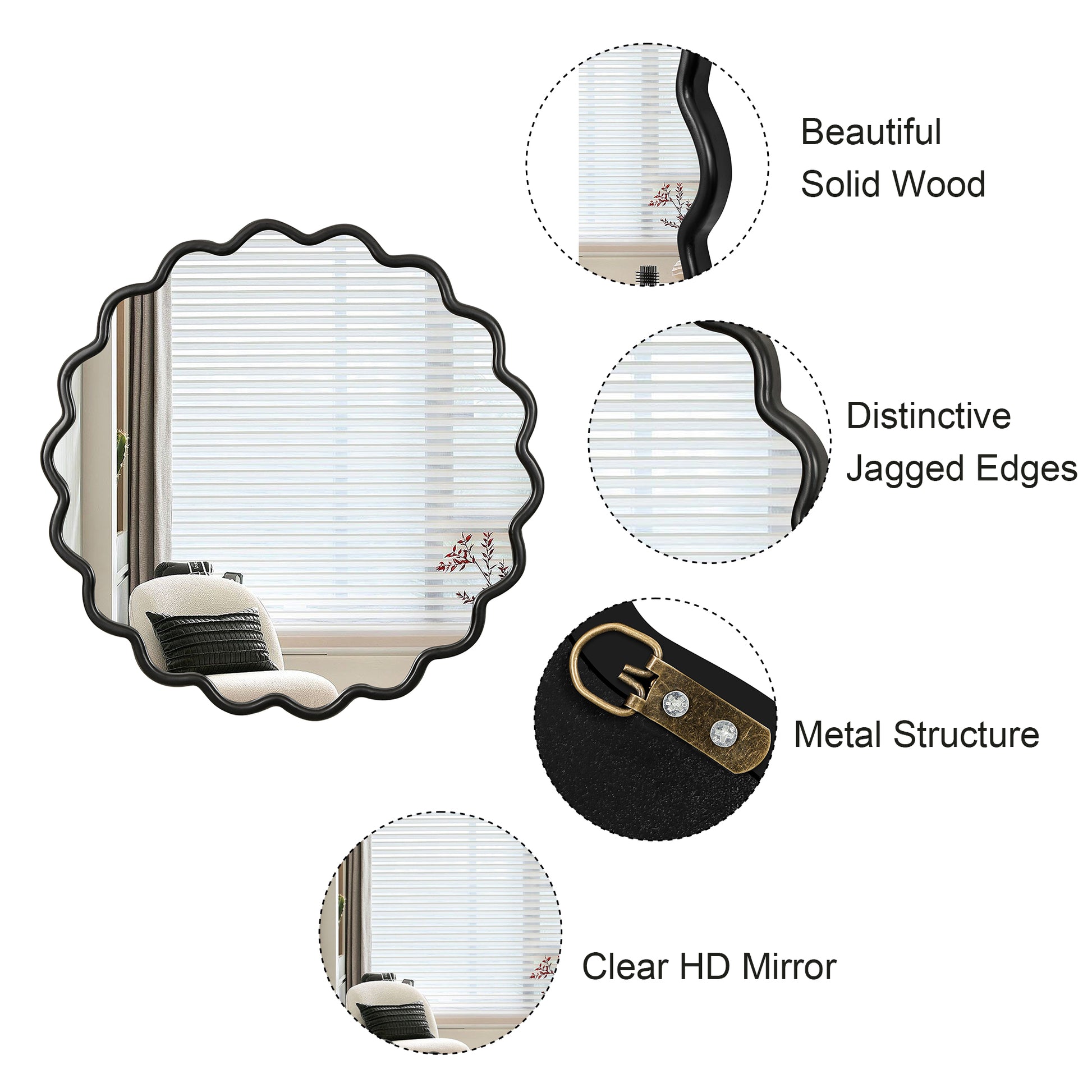 Black scalloped mirror with solid wood frame and metal hanging hardware