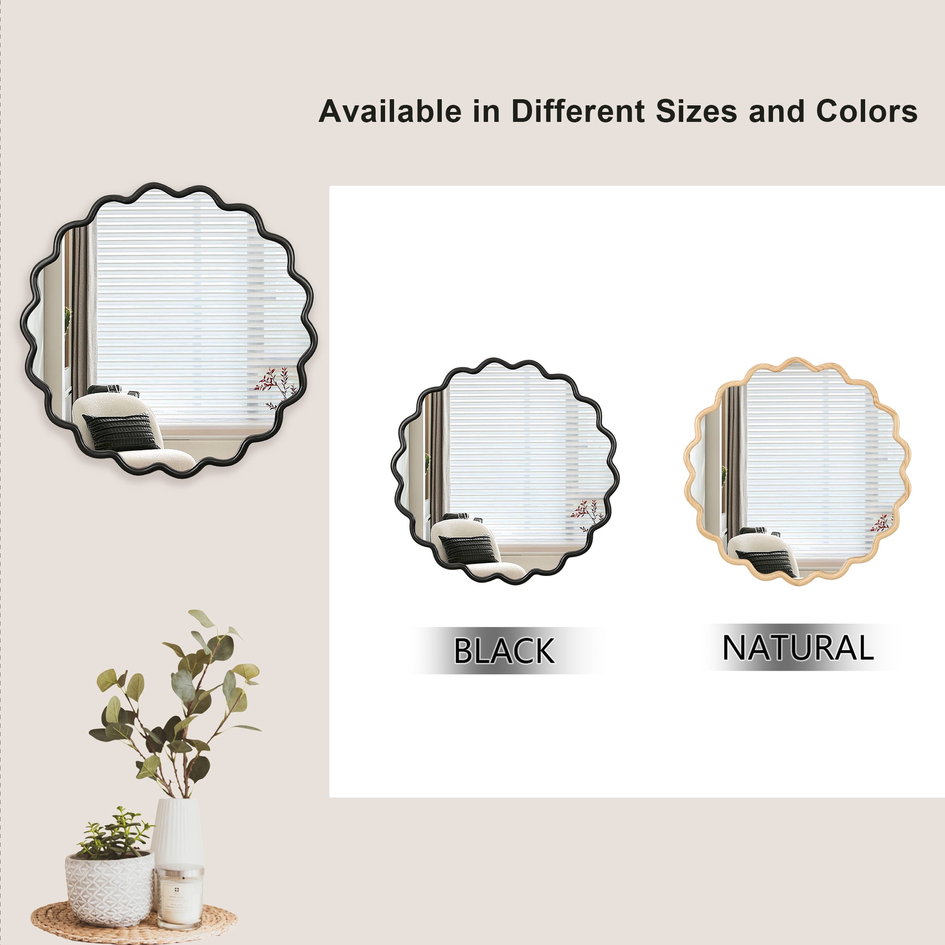 Scalloped edge black wall mirror with wavy frame ideal for modern decor