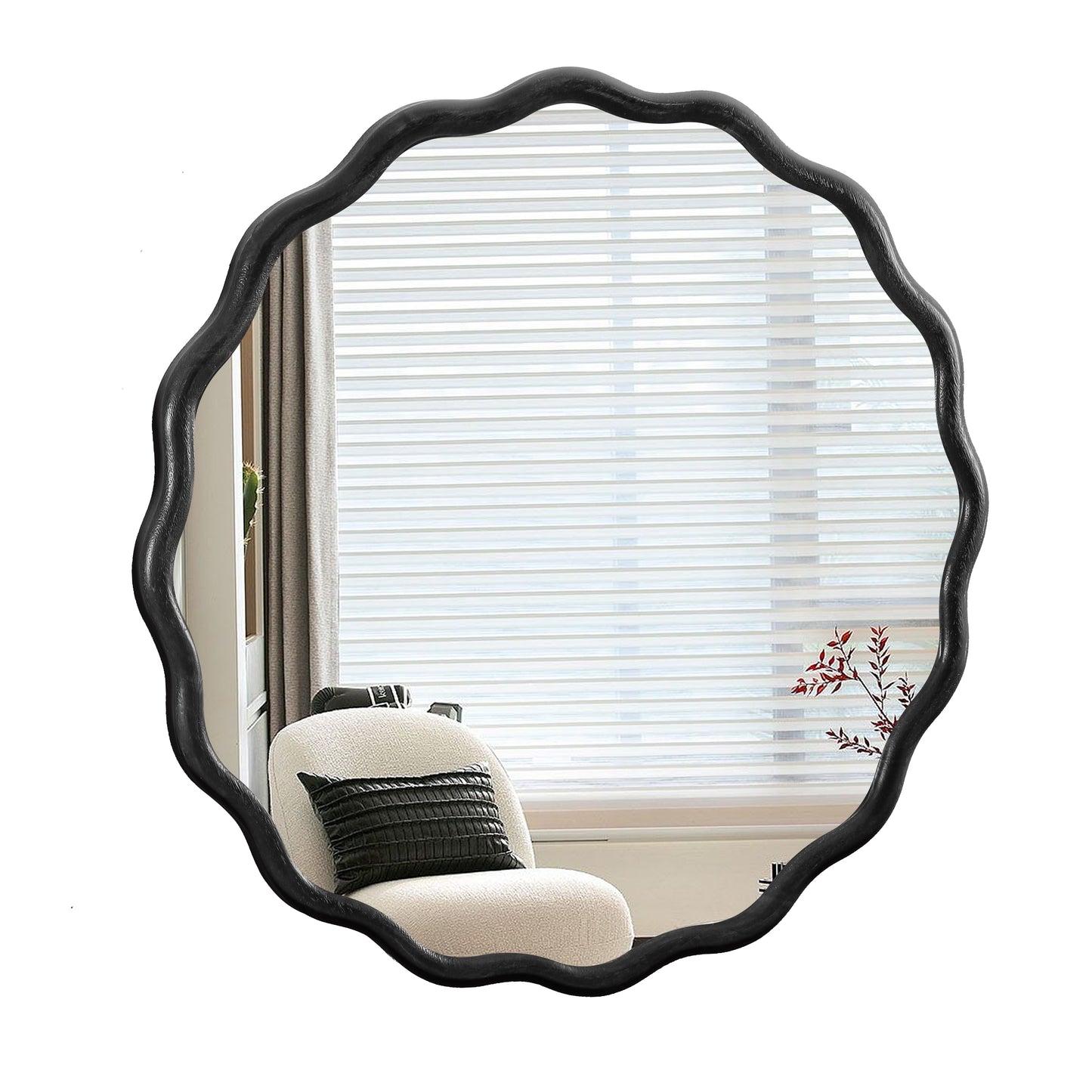 Abstract black wavy framed oval mirror with white blinds reflection