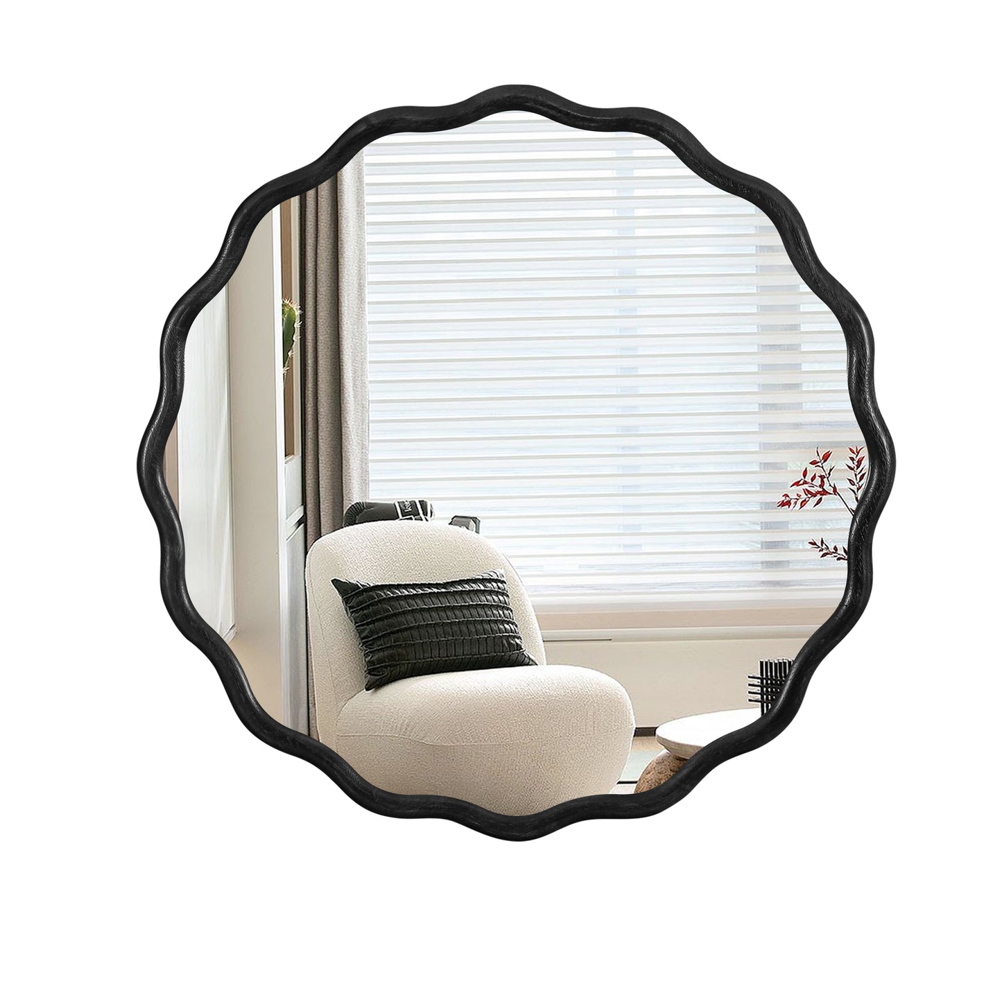 Black wavyedged decorative mirror with wooden frame for entryway