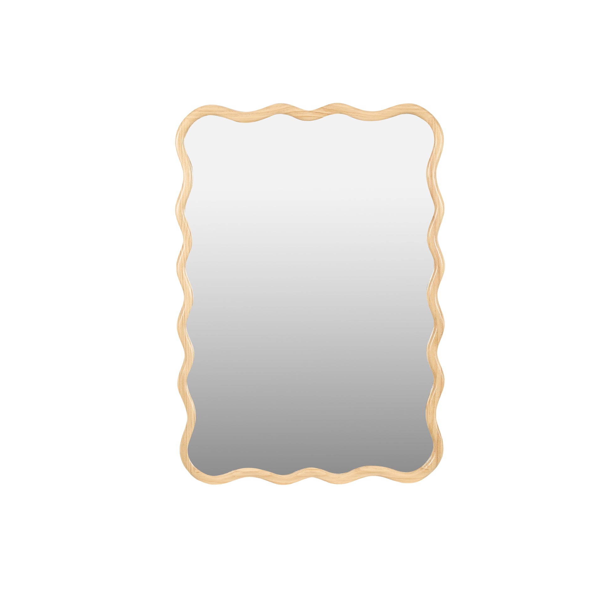 Scalloped wooden framed mirror with natural wood finish perfect for modern home decor
