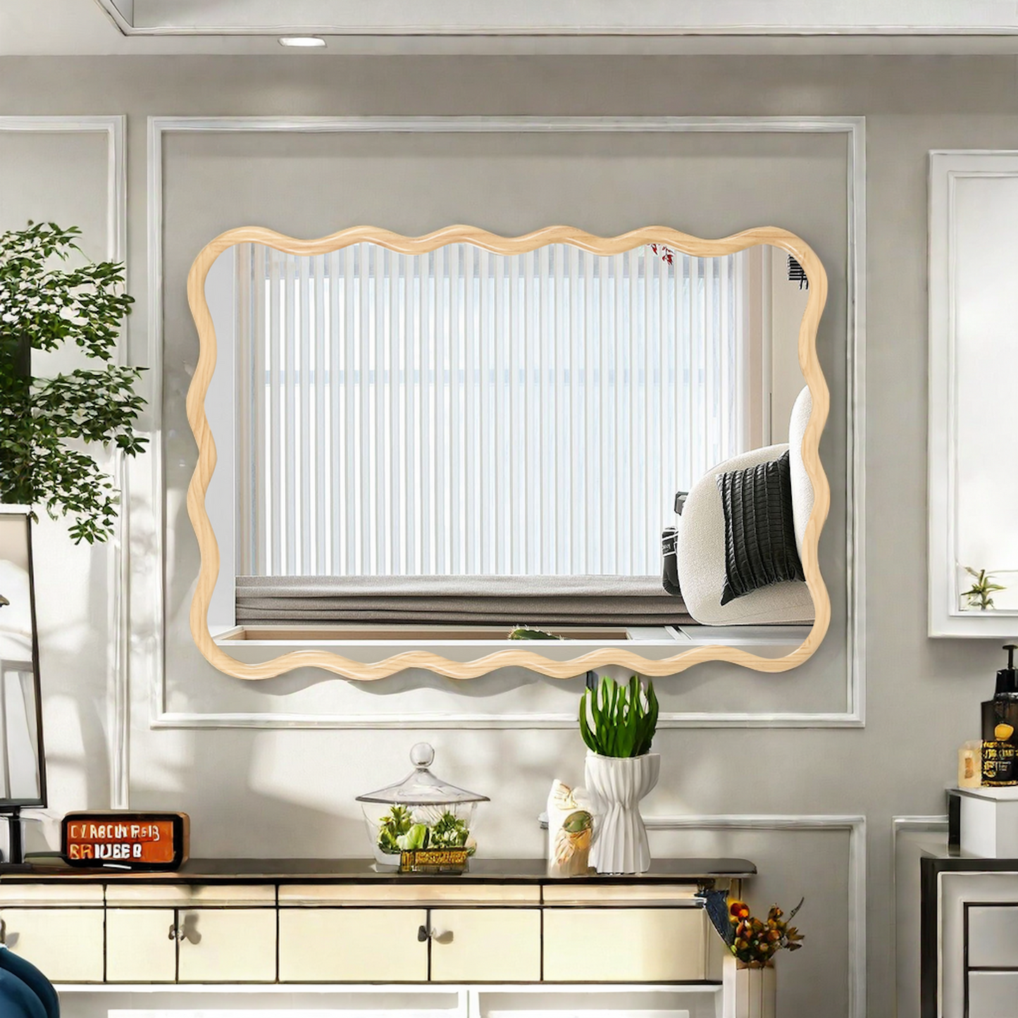 Unique wavy wood framed mirror with an art deco design perfect for modern living rooms