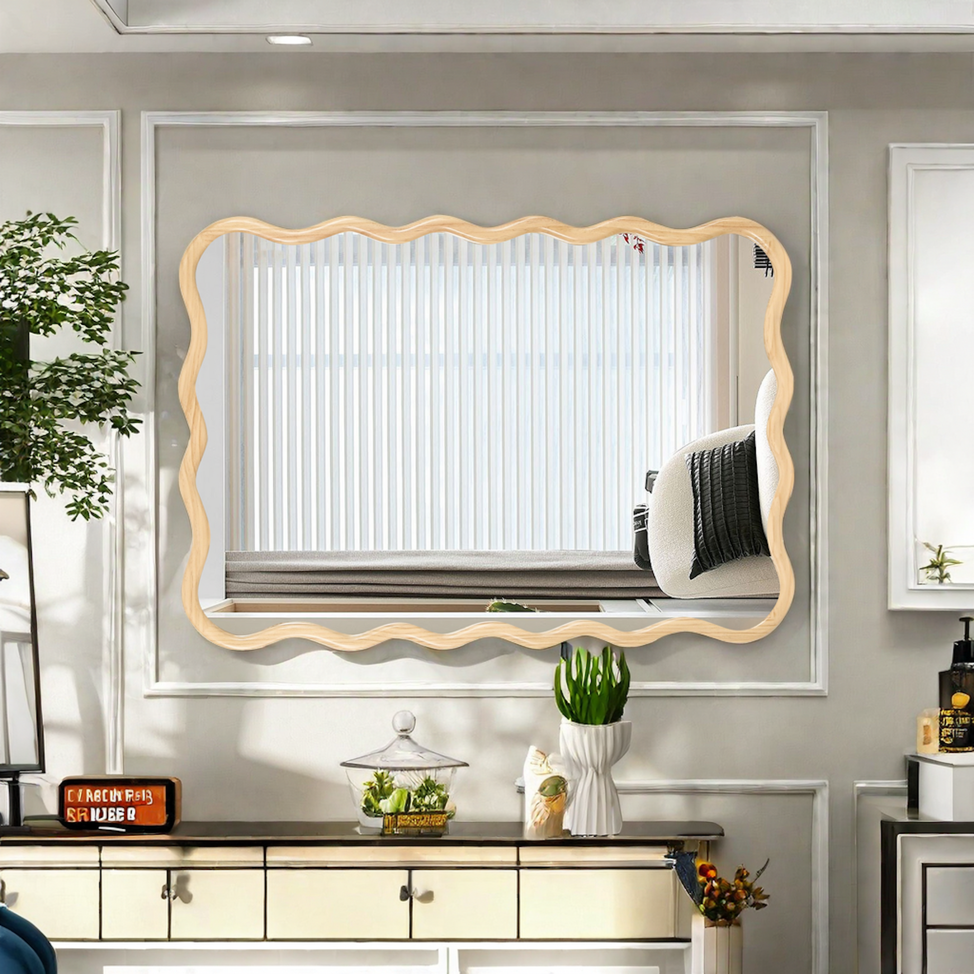 Unique wavy wood framed mirror with an art deco design perfect for modern living rooms