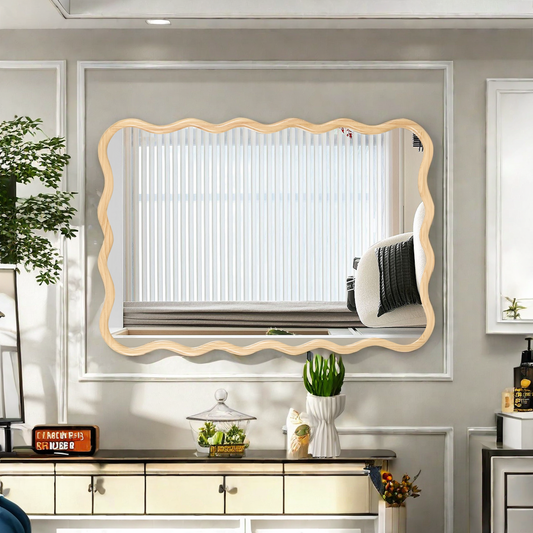 Unique wavy wood framed mirror with an art deco design perfect for modern living rooms