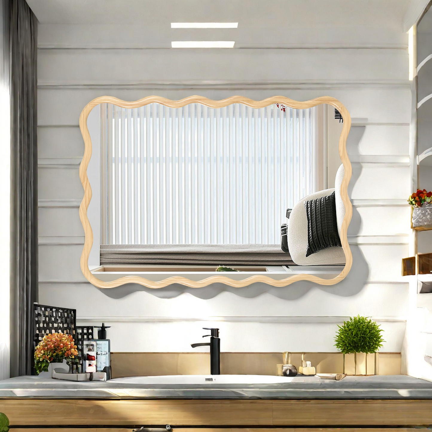 Wavy wooden framed bathroom mirror with white vertical blinds reflected