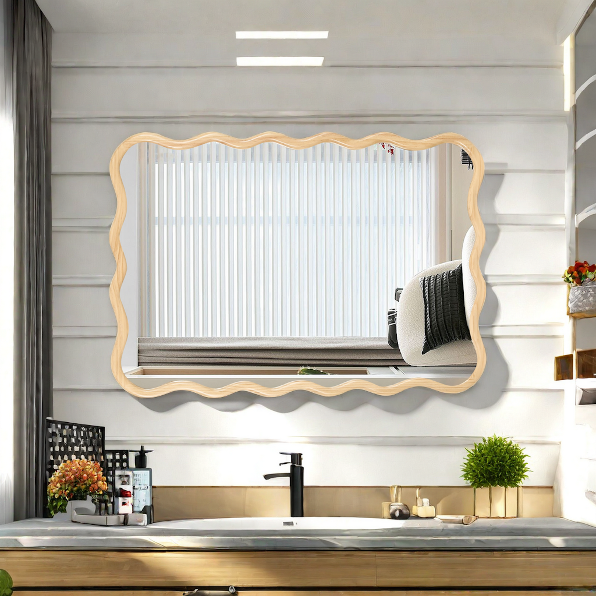 Wavy wooden framed bathroom mirror with white vertical blinds reflected
