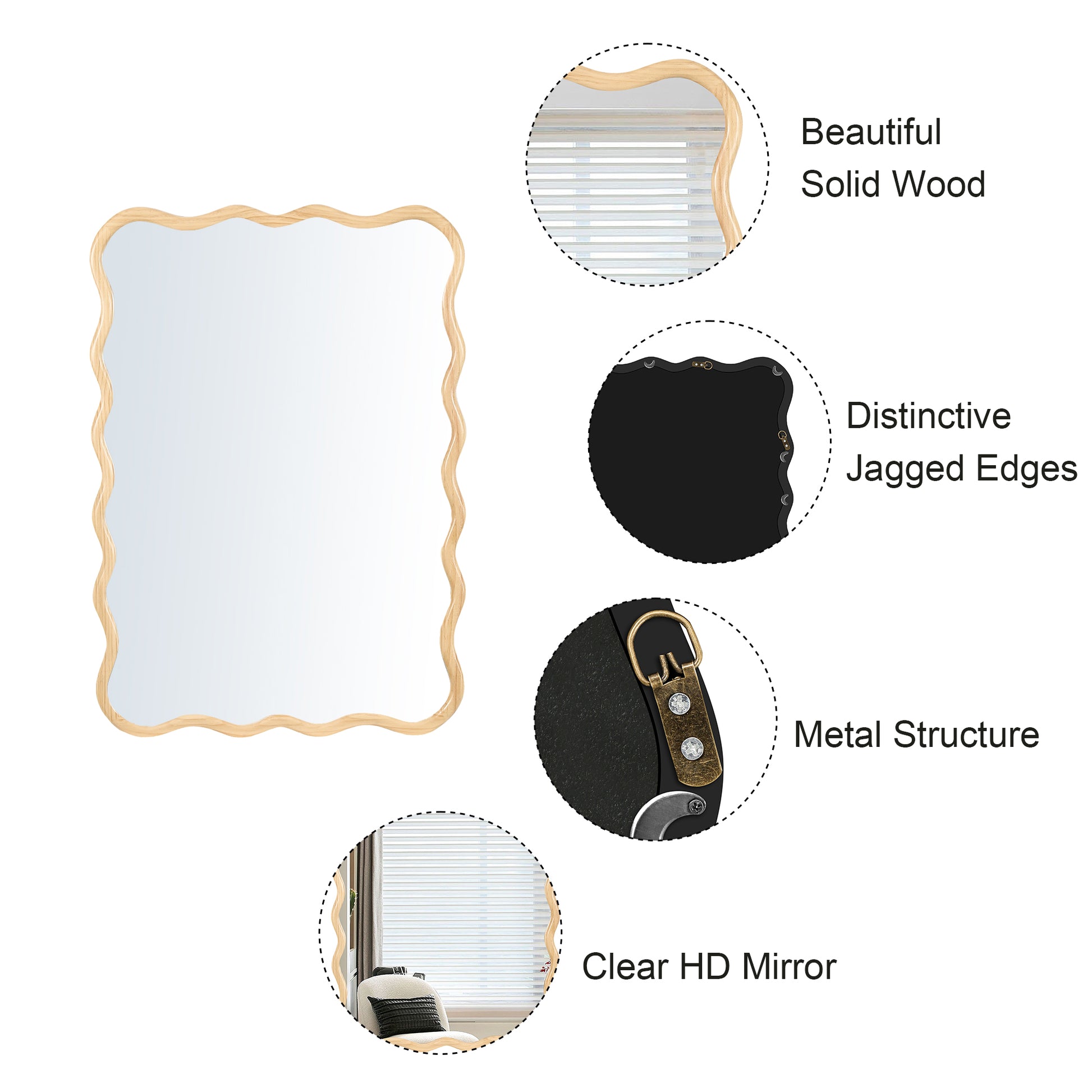 Wavyedged solid wood mirror with clear HD reflection and metal hanging hardware