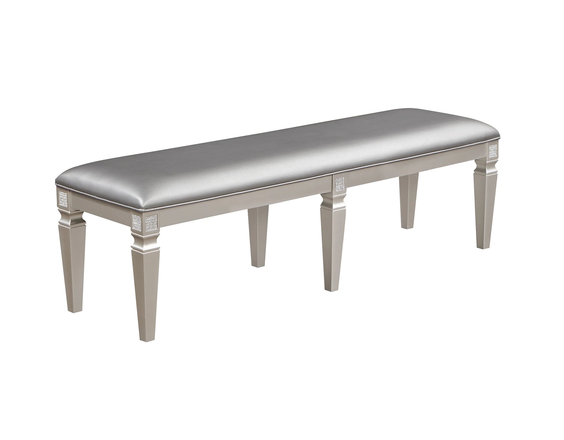 Silver upholstered bench with crystal accents