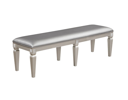 Silver upholstered bench with crystal accents