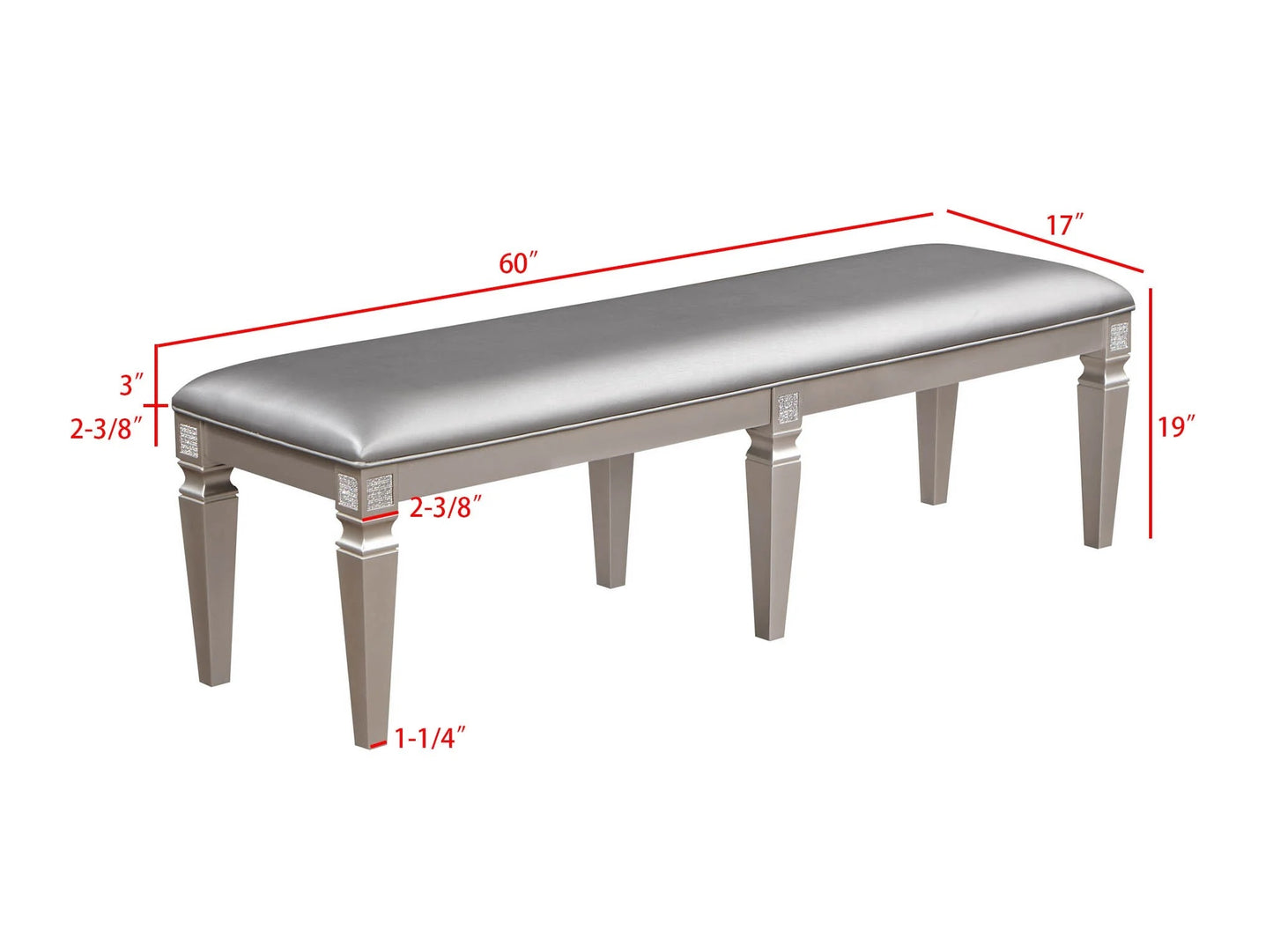 Gray upholstered bench with silver wood legs