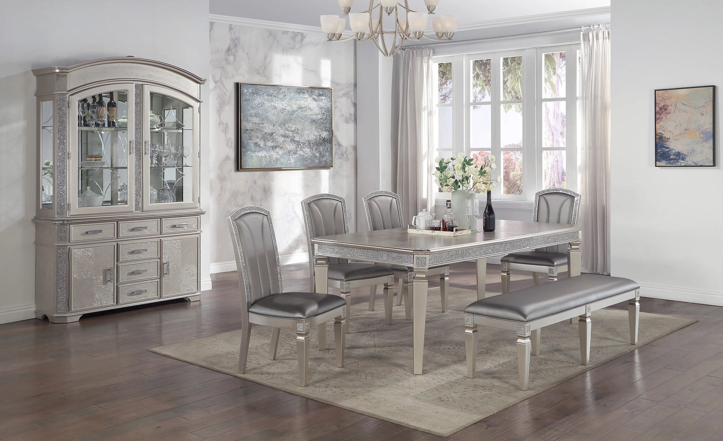 Elegant silver dining set with upholstered chairs and bench
