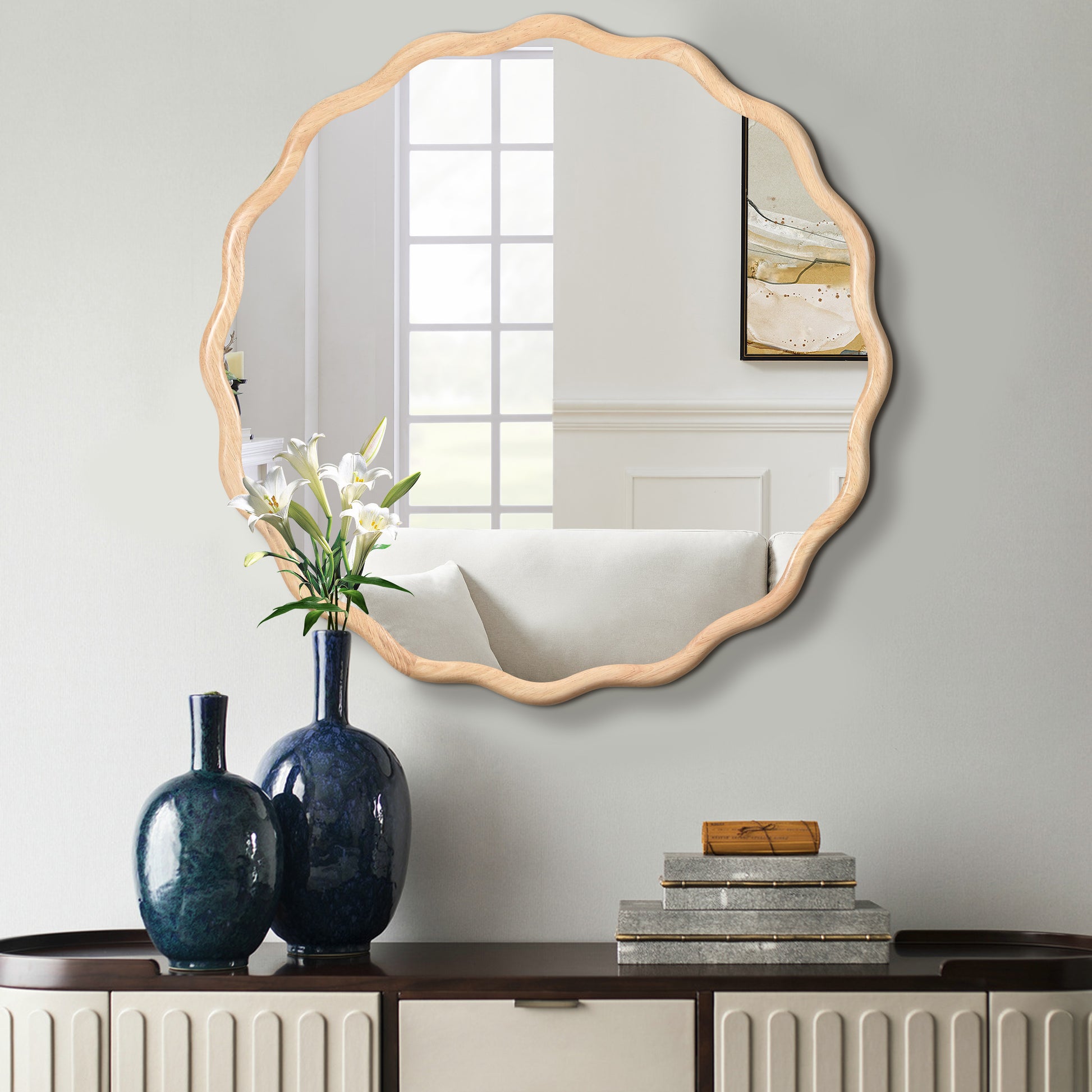 Organic wood framed wall mirror with wavy edge design