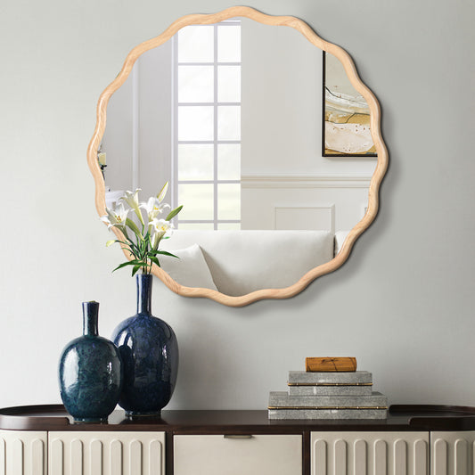 Organic wood framed wall mirror with wavy edge design