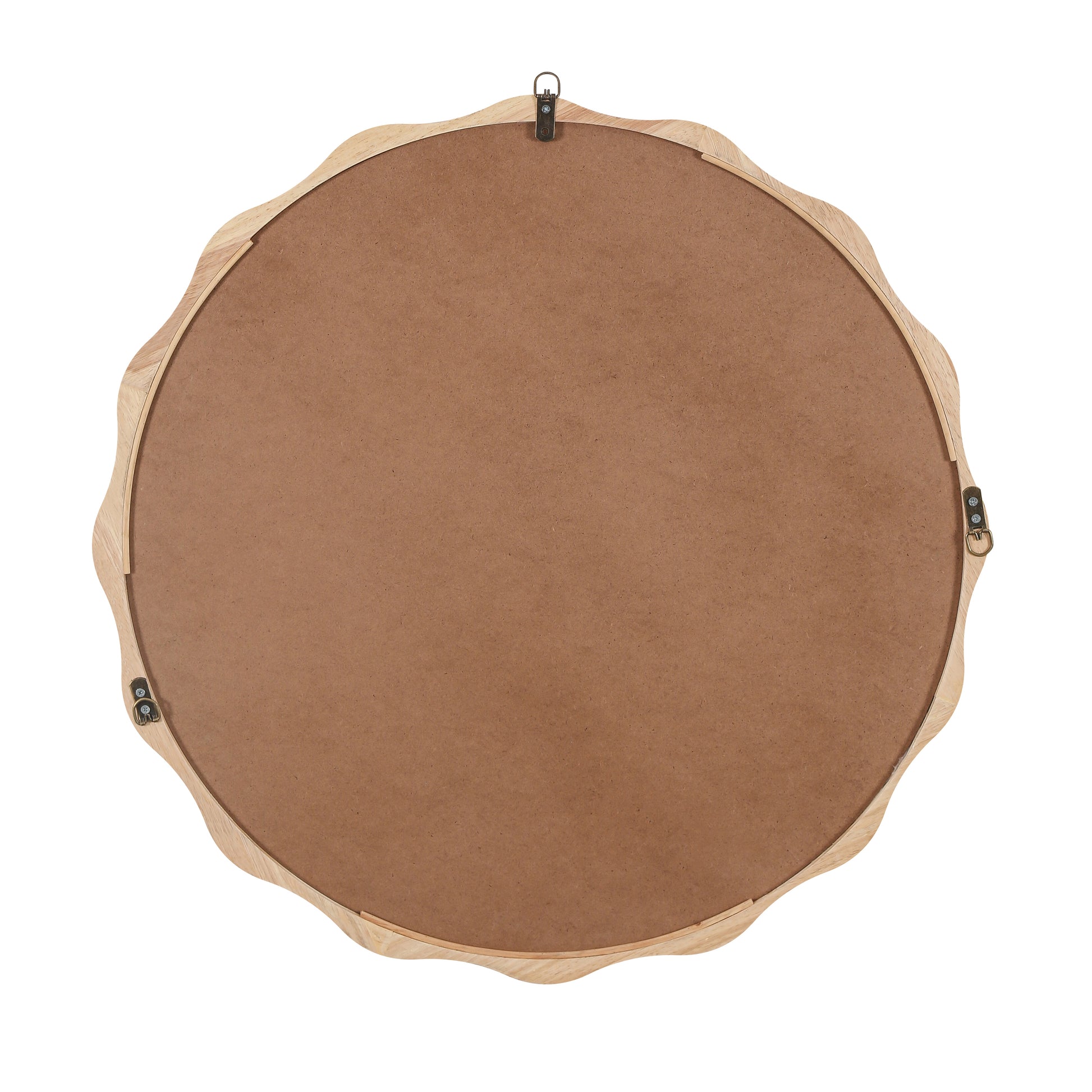 Round wooden frame mirror with scalloped edge and hanging hardware